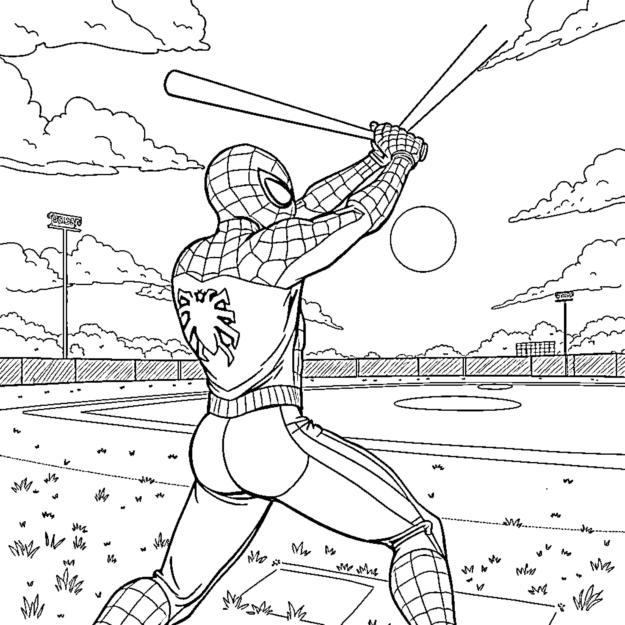 Spiderman swinging and leaping through the air Coloring Page (free black-and-white line drawing printable PDF for all, from beginners to advanced learners, including children, teens, adults, and seniors)