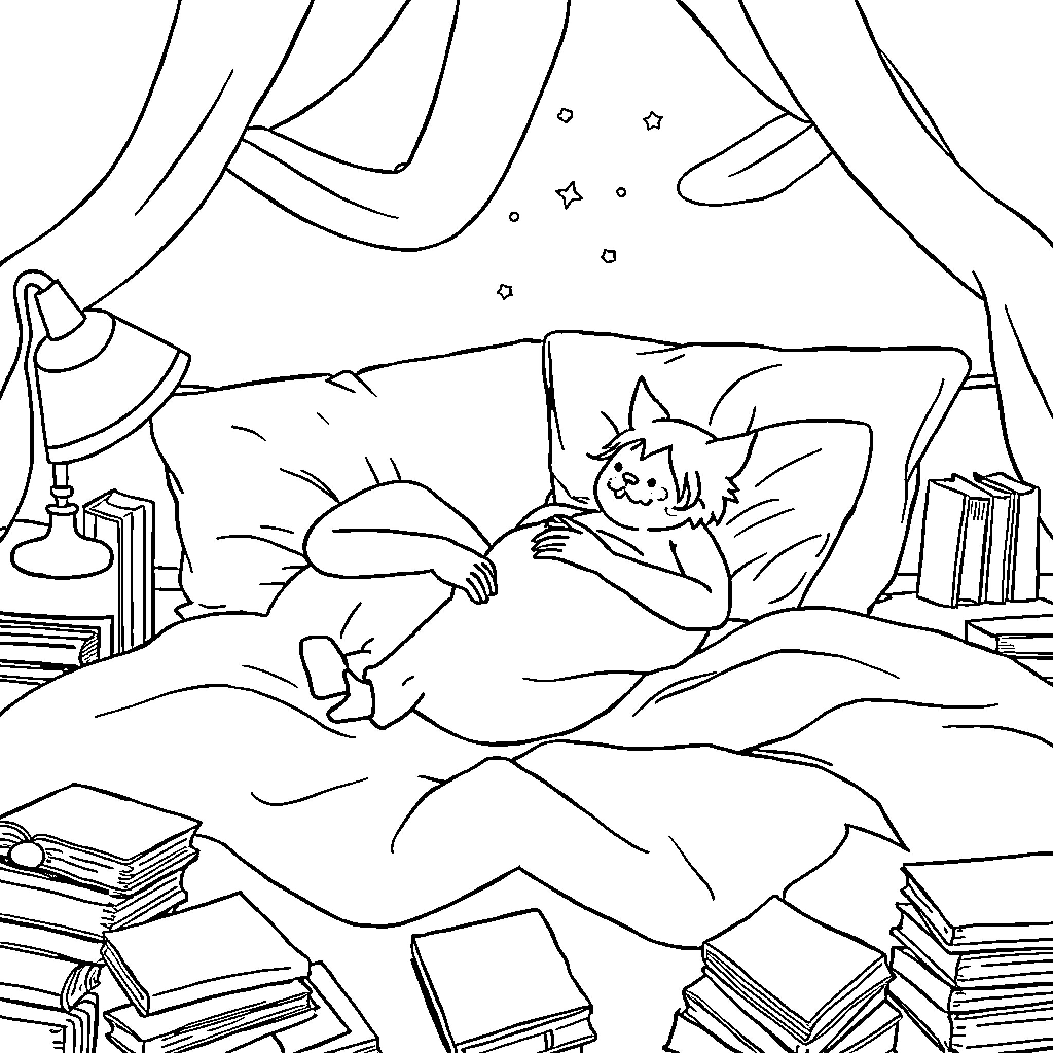 Paresseux : rêverie dans une chambre confortable Coloring Page (free black-and-white line drawing printable PDF for all, from beginners to advanced learners, including children, teens, adults, and seniors)