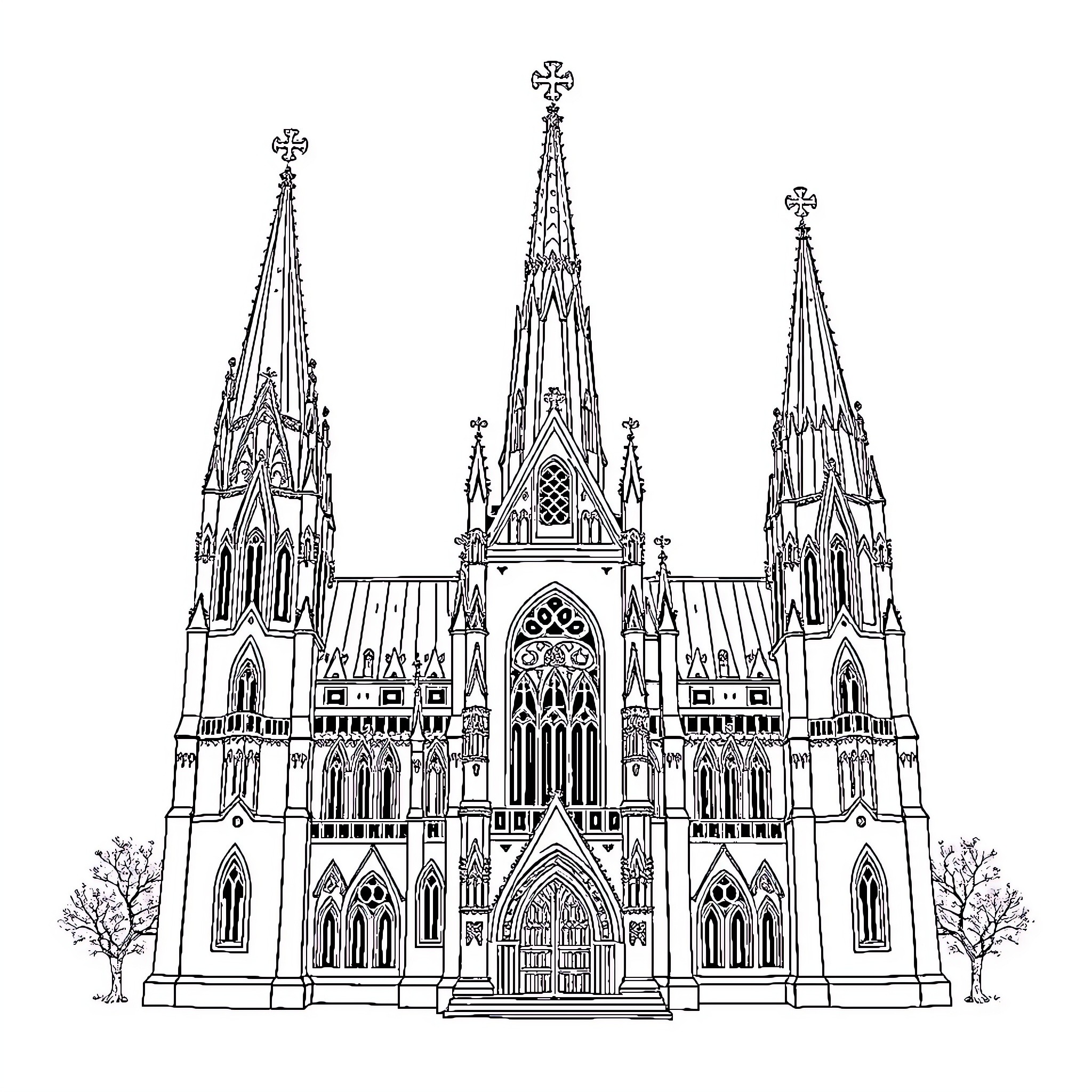 Gothic Cathedral Spires and Ornate Architecture Coloring Page (free black-and-white line drawing printable PDF for all, from beginners to advanced learners, including children, teens, adults, and seniors)