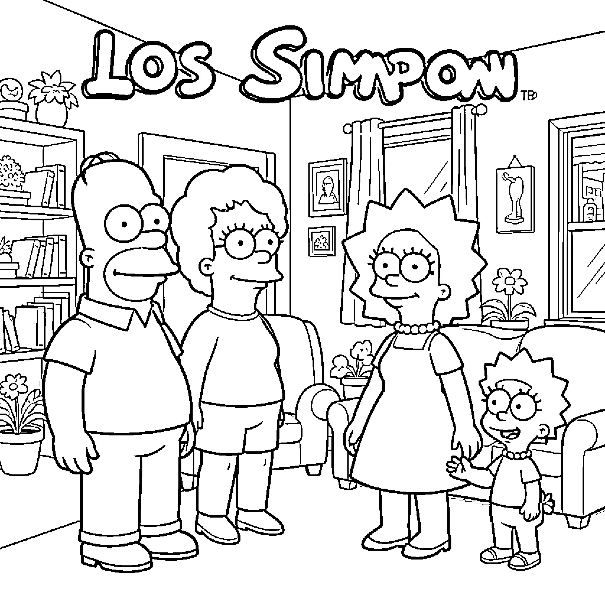 The Simpsons Family in Their Living Room Coloring Page (free black-and-white line drawing printable PDF for all, from beginners to advanced learners, including children, teens, adults, and seniors)