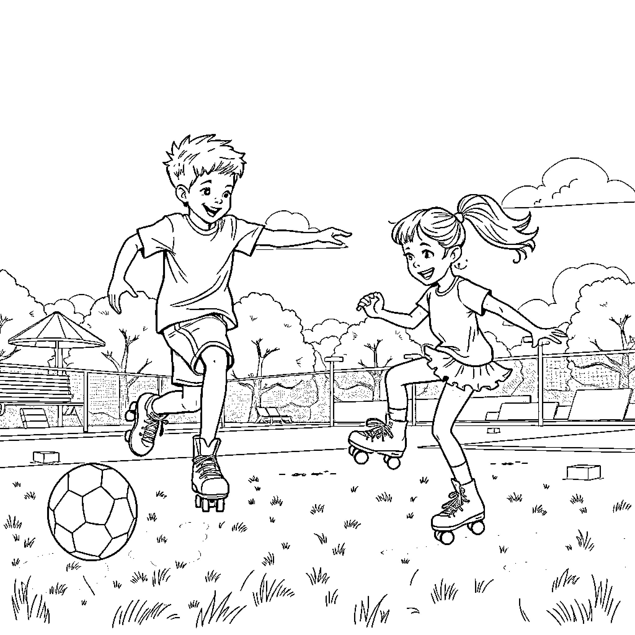 Soccer players enjoying the outdoors Coloring Page (free black-and-white line drawing printable PDF for all, from beginners to advanced learners, including children, teens, adults, and seniors)