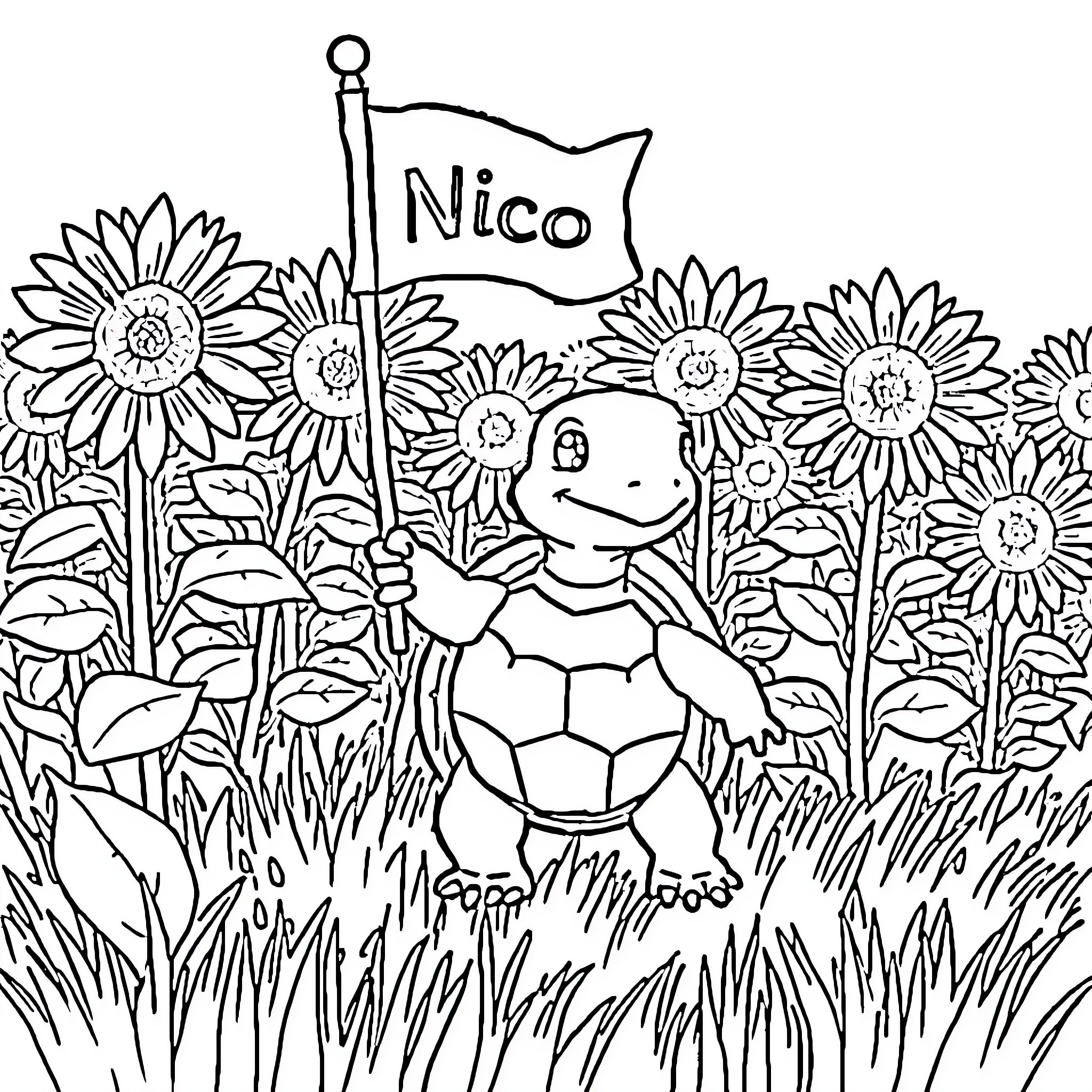 Turtle exploring a sunflower field with a flag Coloring Page (free black-and-white line drawing printable PDF for all, from beginners to advanced learners, including children, teens, adults, and seniors)