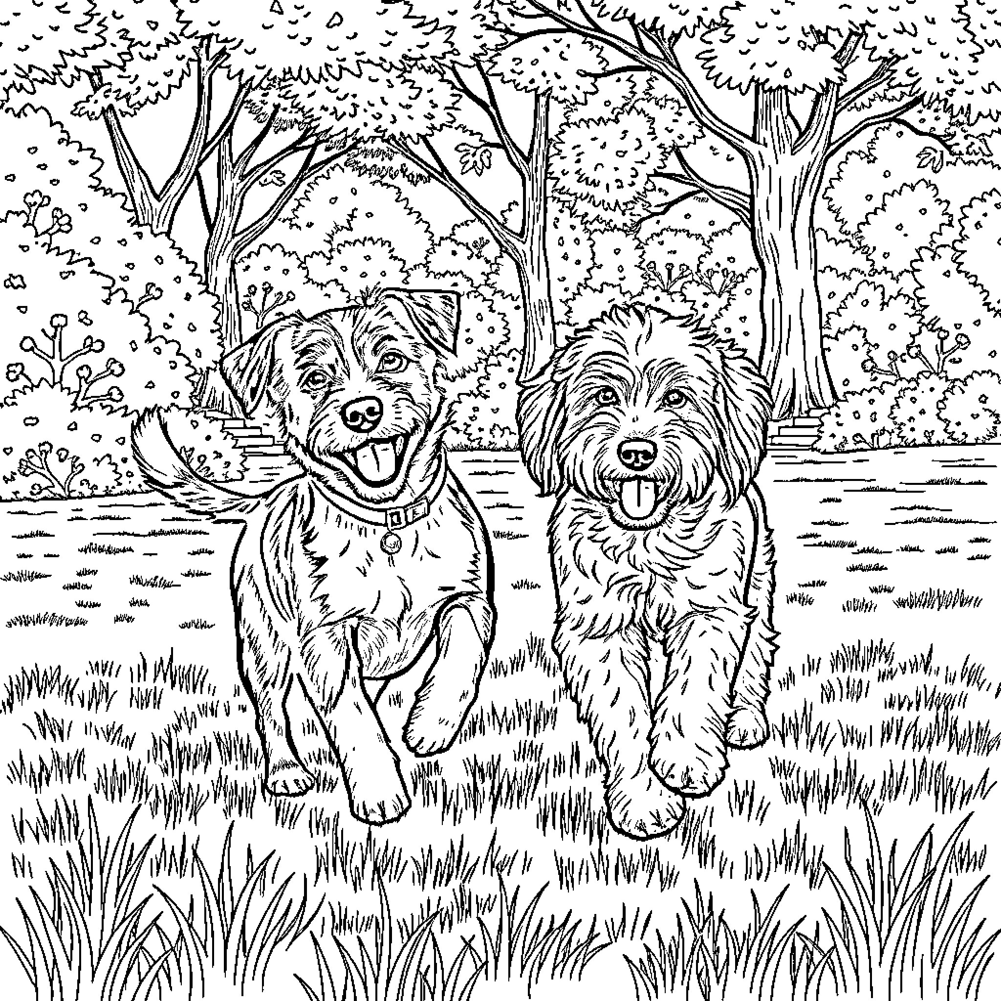 Dog playing happily with another dog in the park Coloring Page (free black-and-white line drawing printable PDF for all, from beginners to advanced learners, including children, teens, adults, and seniors)