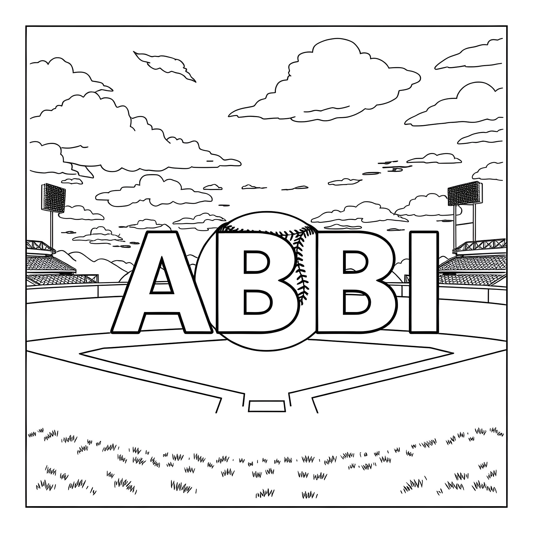 ABBI sports stadium in cloudy landscape Coloring Page (free black-and-white line drawing printable PDF for all, from beginners to advanced learners, including children, teens, adults, and seniors)