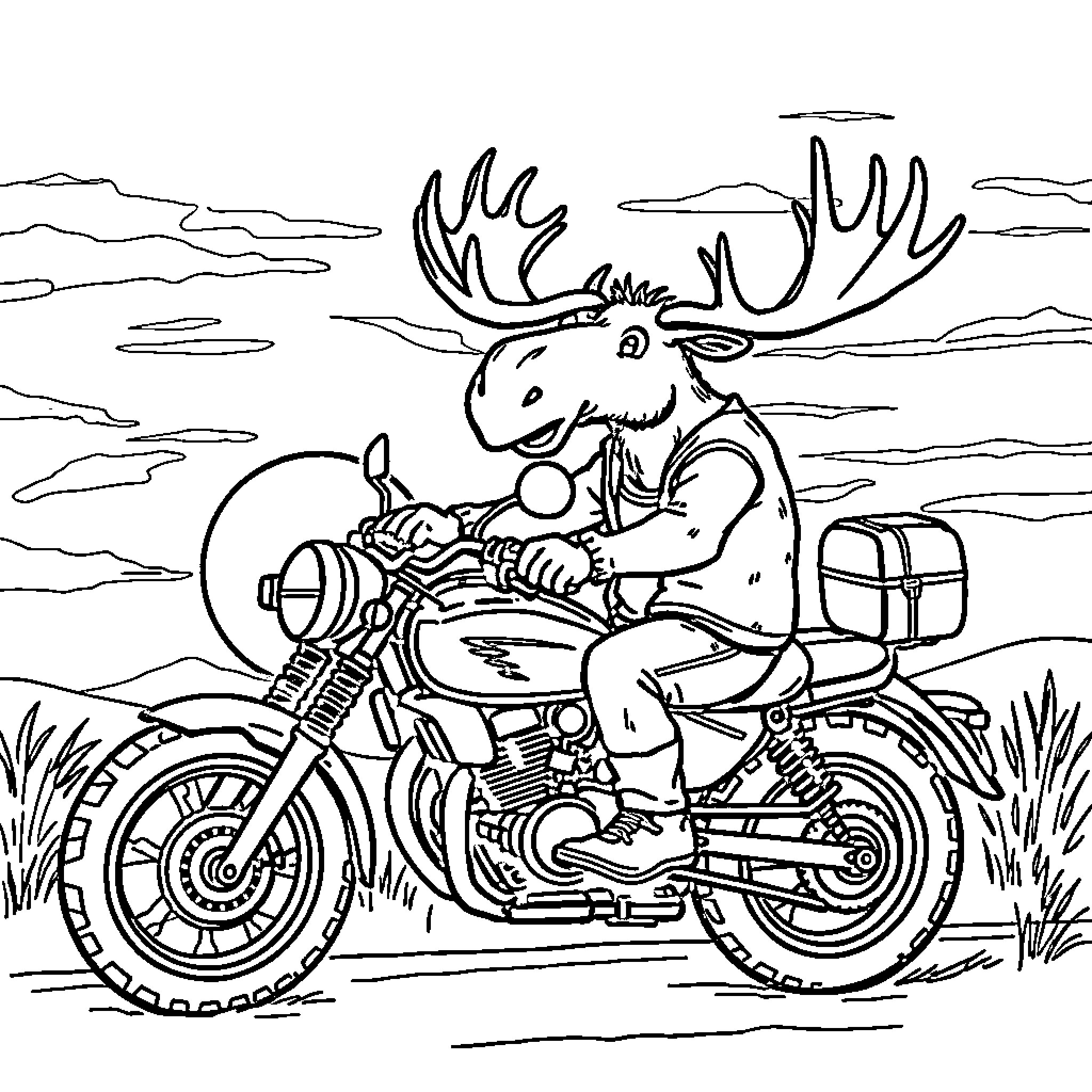 Moose riding a motorcycle on the open road Coloring Page (free black-and-white line drawing printable PDF for all, from beginners to advanced learners, including children, teens, adults, and seniors)
