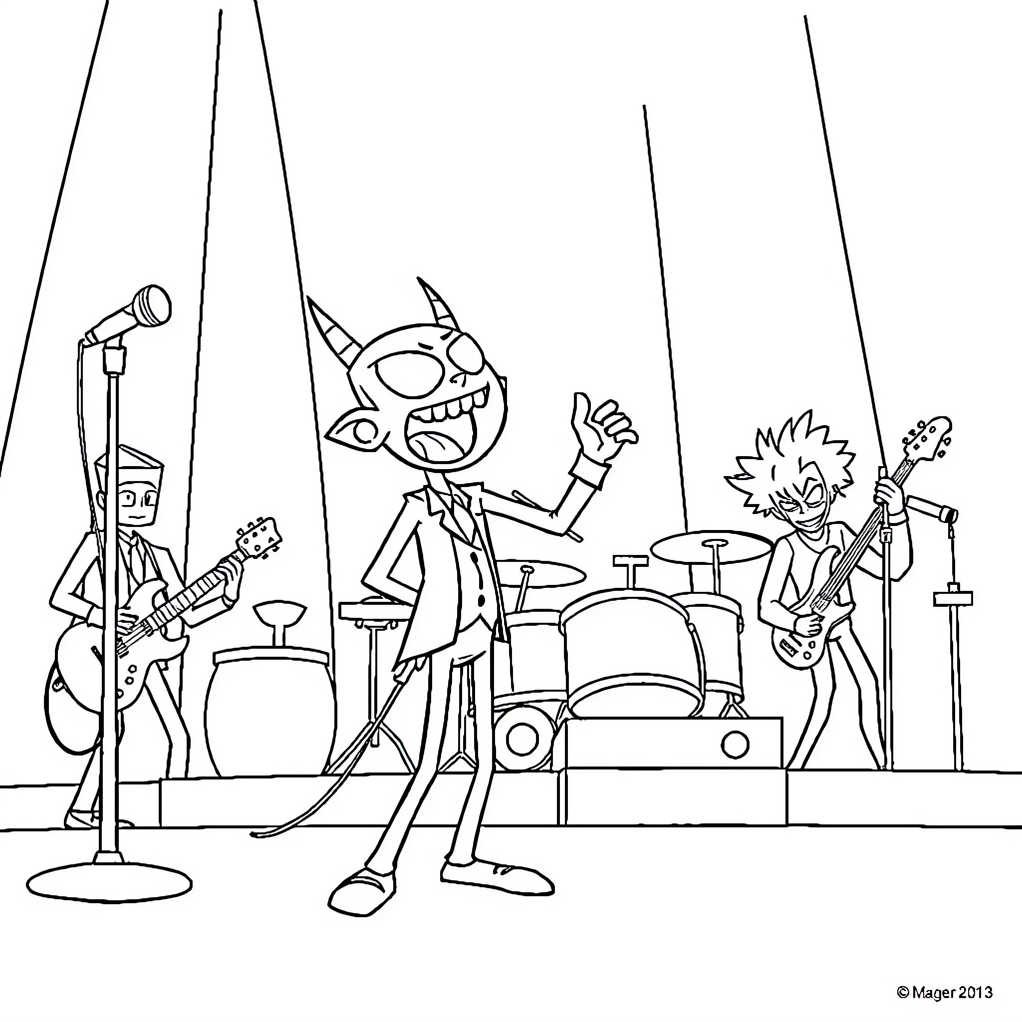 Invader Zim and his band rocking out on stage Coloring Page (free black-and-white line drawing printable PDF for all, from beginners to advanced learners, including children, teens, adults, and seniors)
