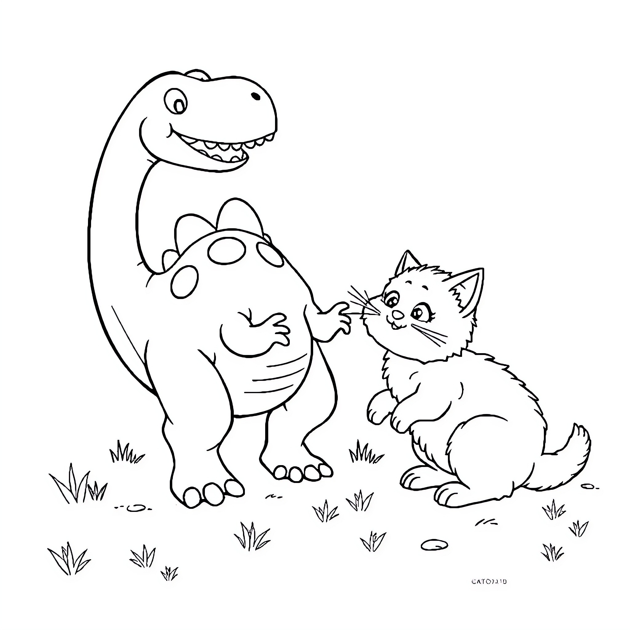 Dinosaur and Kitten Playing Outdoors Coloring Page (free black-and-white line drawing printable PDF for all, from beginners to advanced learners, including children, teens, adults, and seniors)