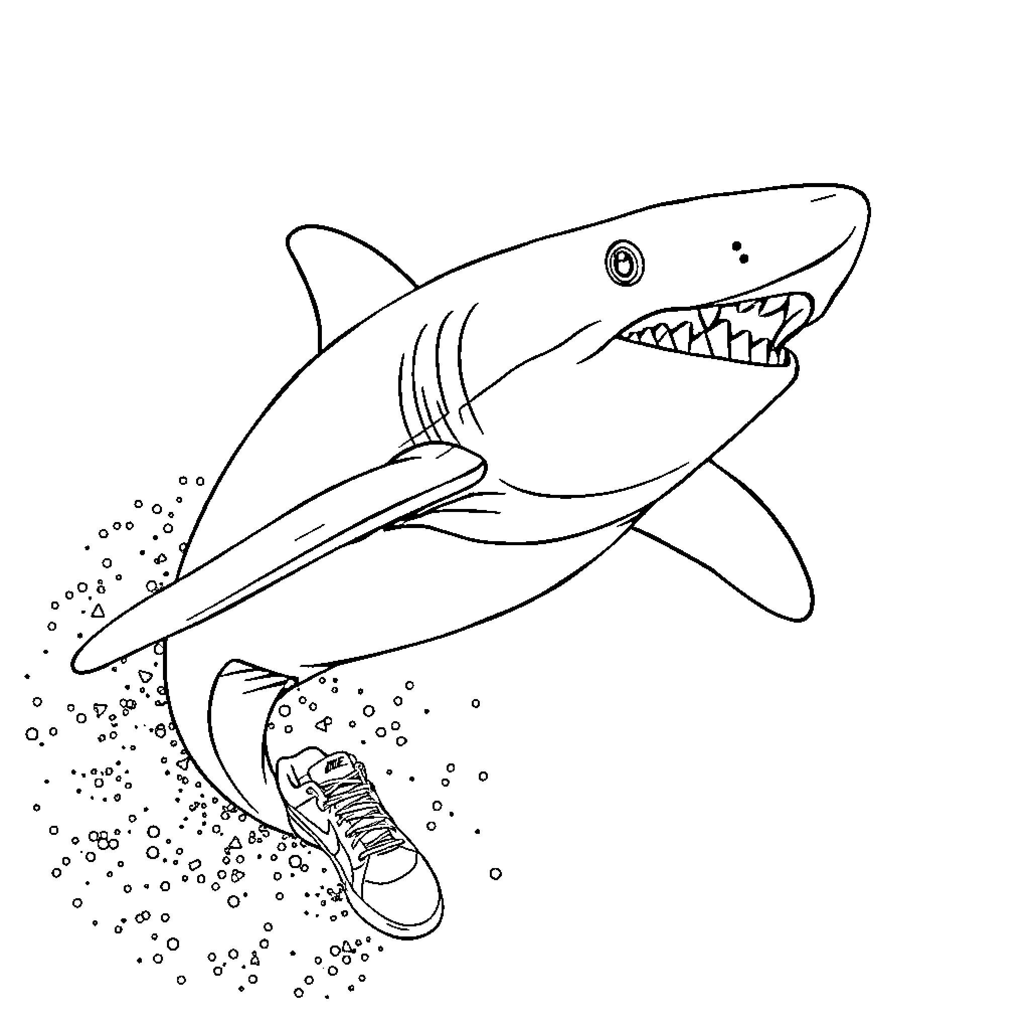 Tiburon swimming with sneakers Coloring Page (free black-and-white line drawing printable PDF for all, from beginners to advanced learners, including children, teens, adults, and seniors)