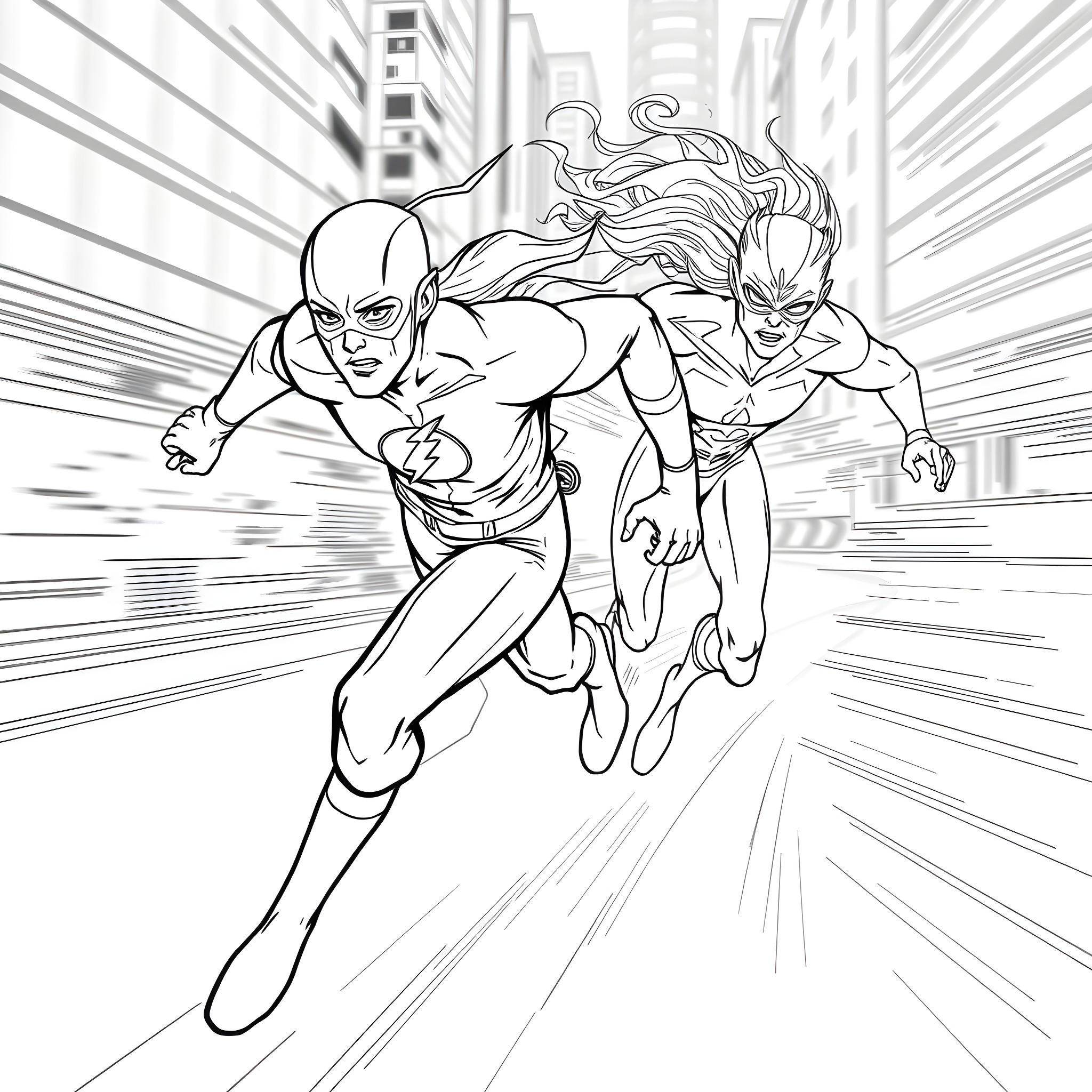 Flash superheroes racing in the city Coloring Page (free black-and-white line drawing printable PDF for all, from beginners to advanced learners, including children, teens, adults, and seniors)