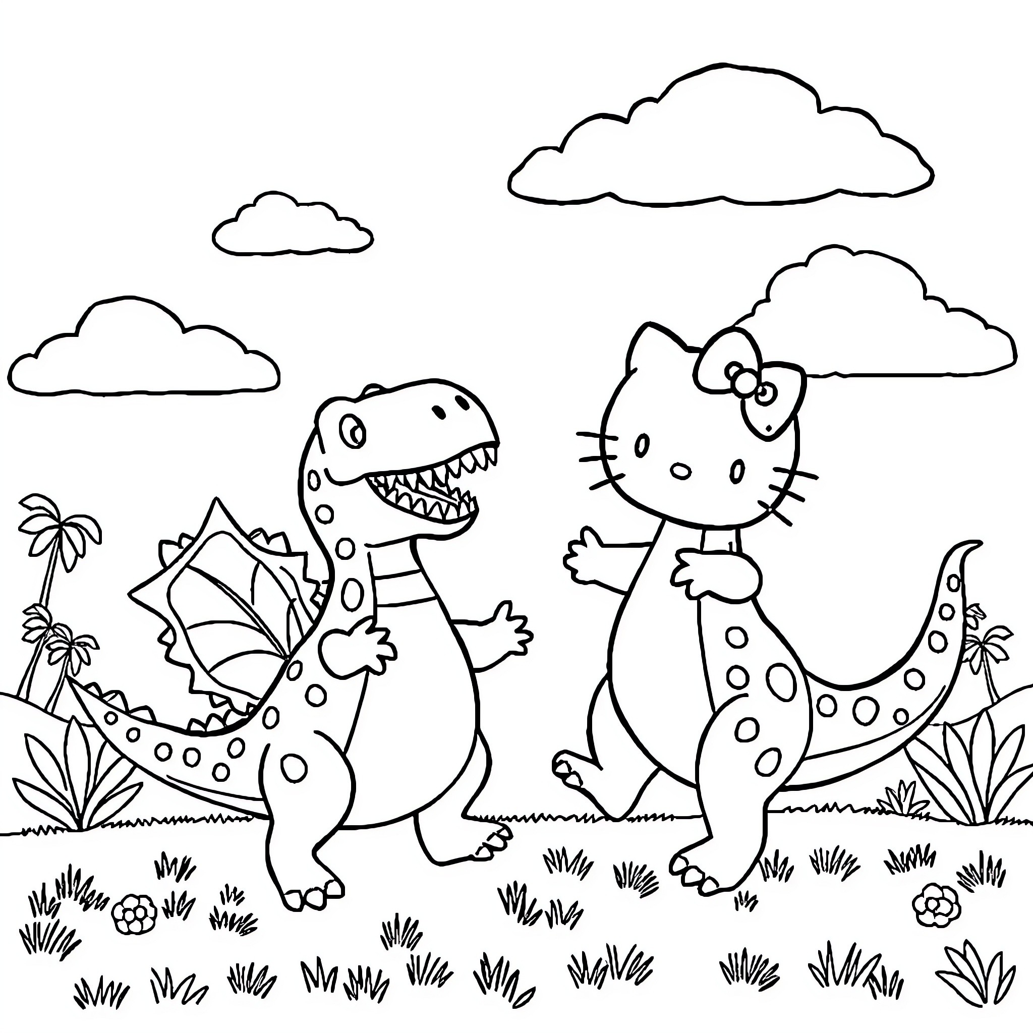 Dinosaur and Hello Kitty playing in nature Coloring Page (free black-and-white line drawing printable PDF for all, from beginners to advanced learners, including children, teens, adults, and seniors)