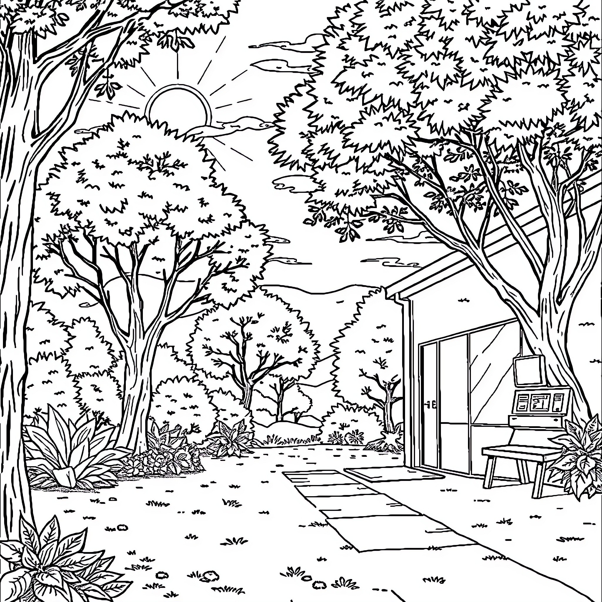 Lab Outdoor Scenery with Cottage Entrance Coloring Page (free black-and-white line drawing printable PDF for all, from beginners to advanced learners, including children, teens, adults, and seniors)