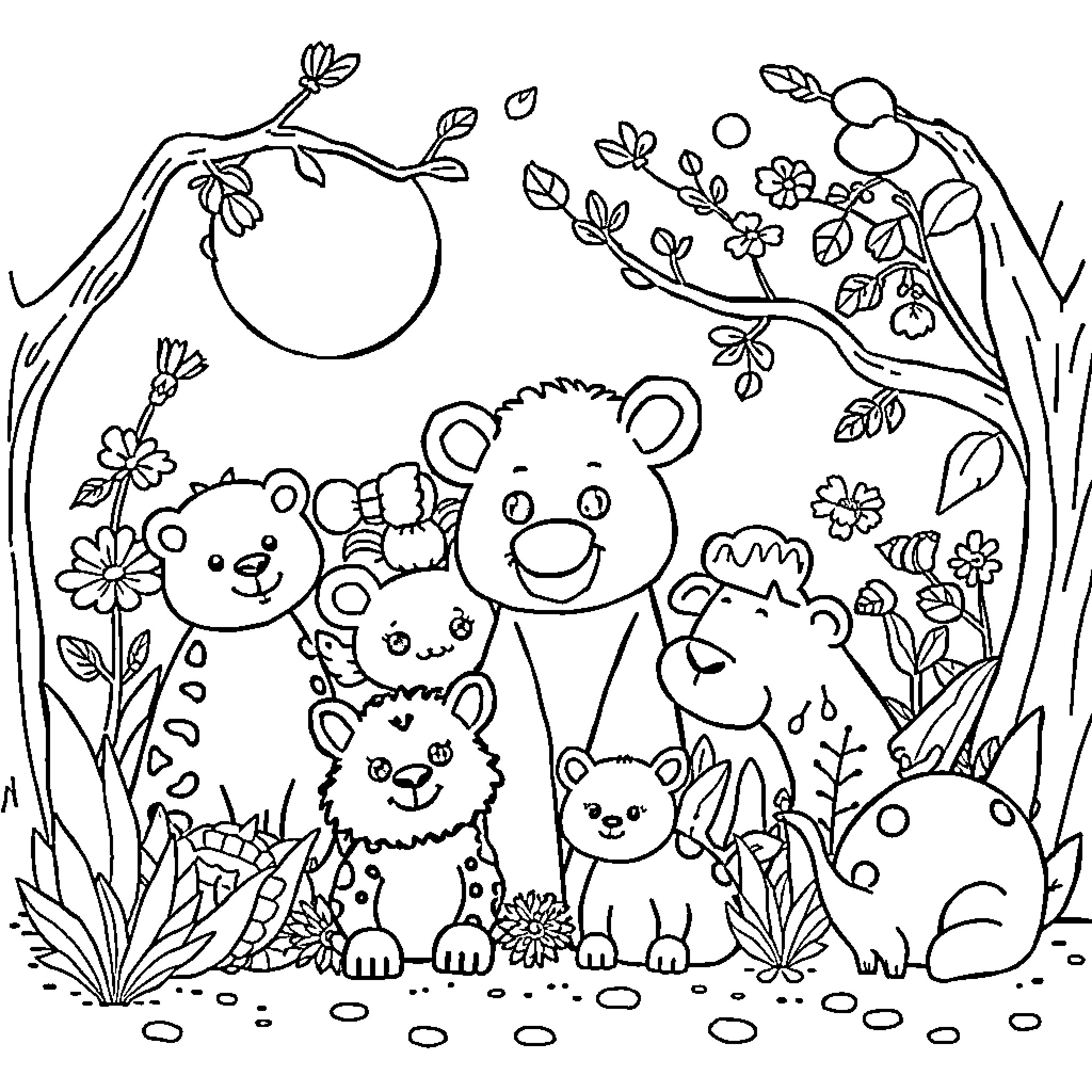 Animal family enjoying nature with full moon Coloring Page (free black-and-white line drawing printable PDF for all, from beginners to advanced learners, including children, teens, adults, and seniors)
