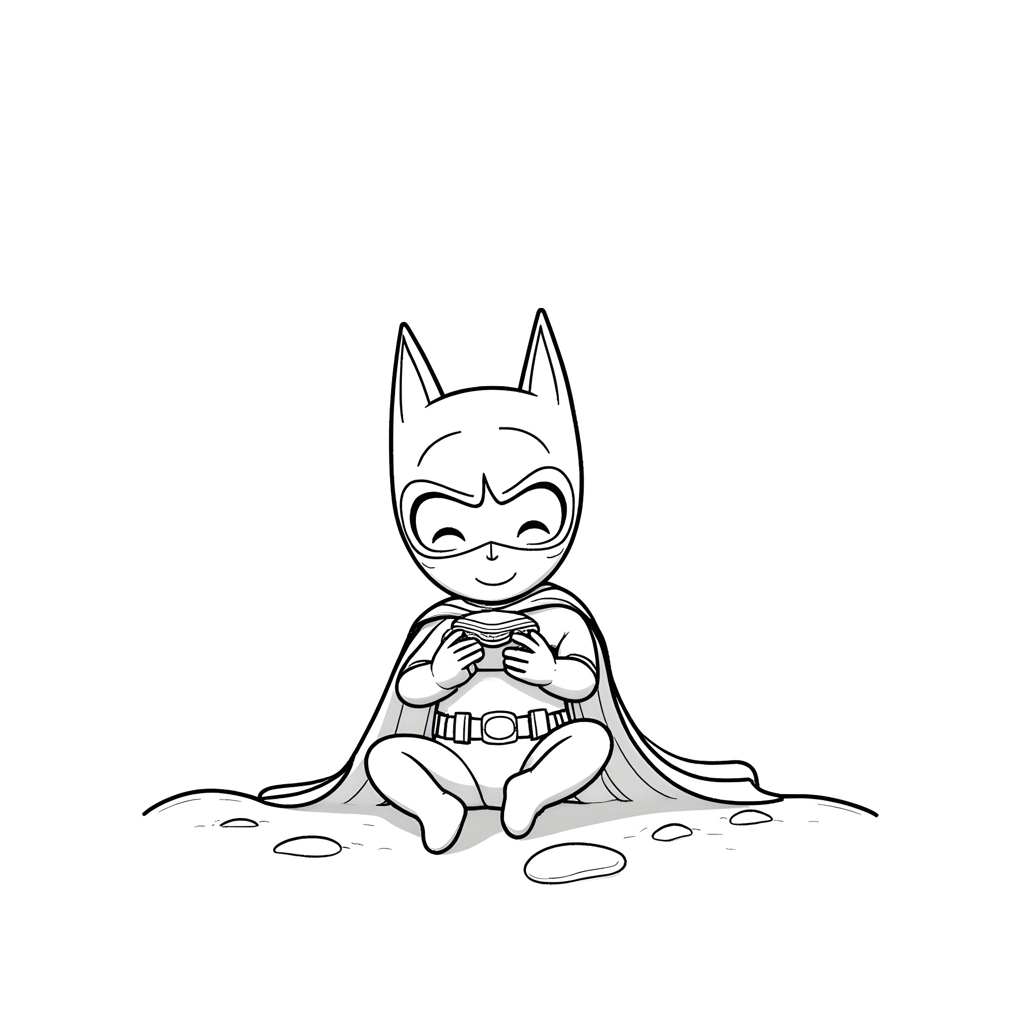 Batman sitting alone on the ground Coloring Page (free black-and-white line drawing printable PDF for all, from beginners to advanced learners, including children, teens, adults, and seniors)