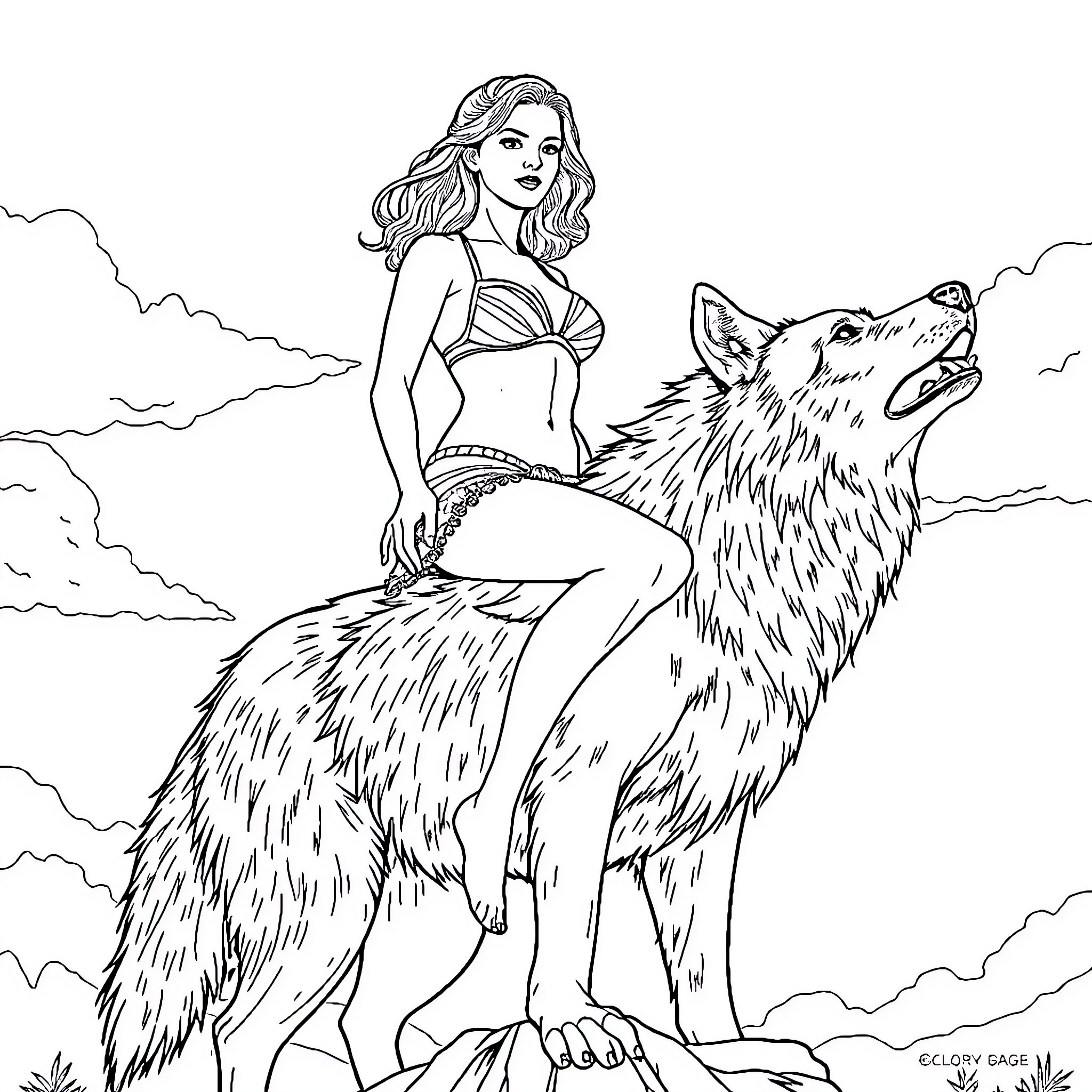 Emma Watson Riding a Majestic Wolf in an Outdoor Scene Coloring Page (free black-and-white line drawing printable PDF for all, from beginners to advanced learners, including children, teens, adults, and seniors)