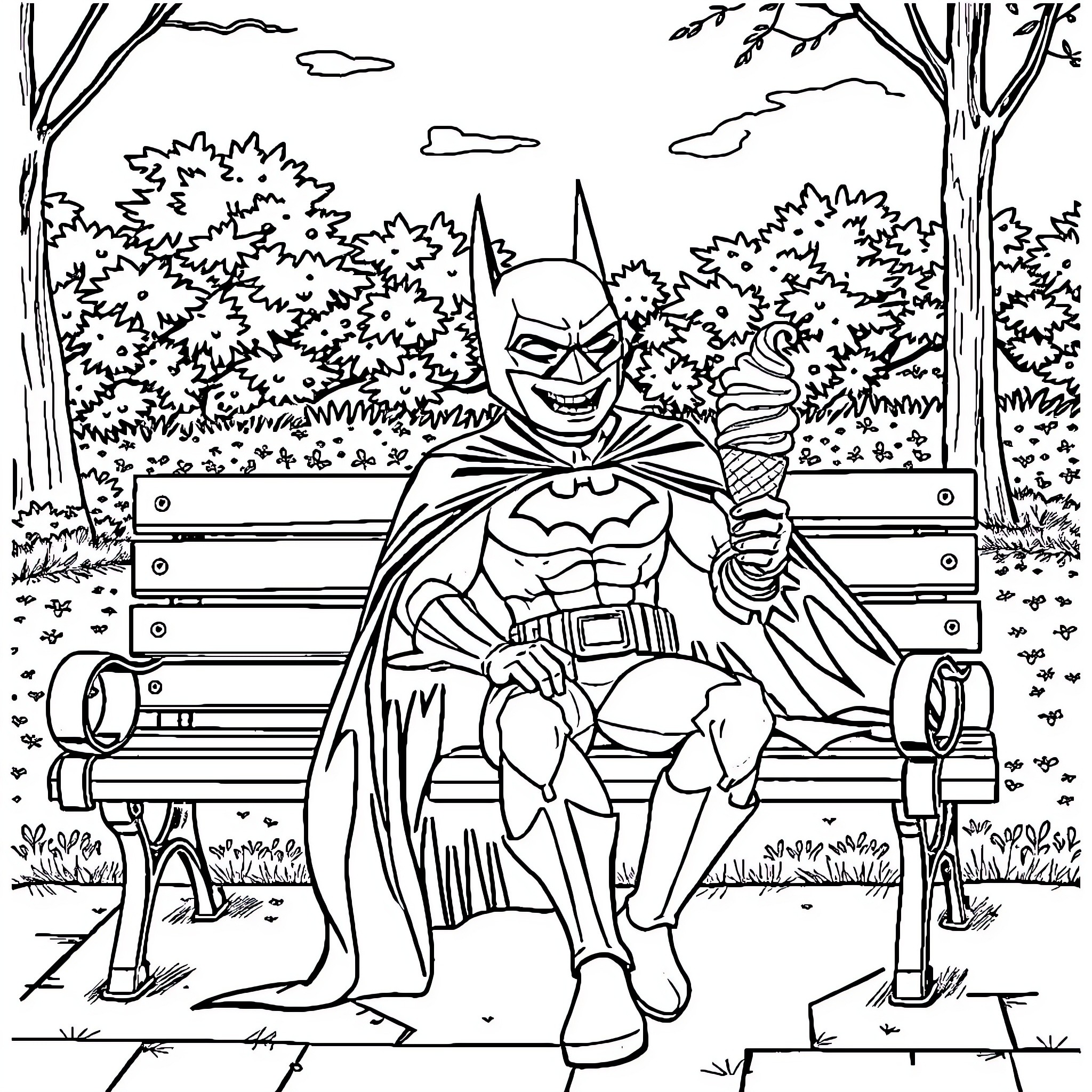 Batman resting on a park bench in the forest Coloring Page (free black-and-white line drawing printable PDF for all, from beginners to advanced learners, including children, teens, adults, and seniors)