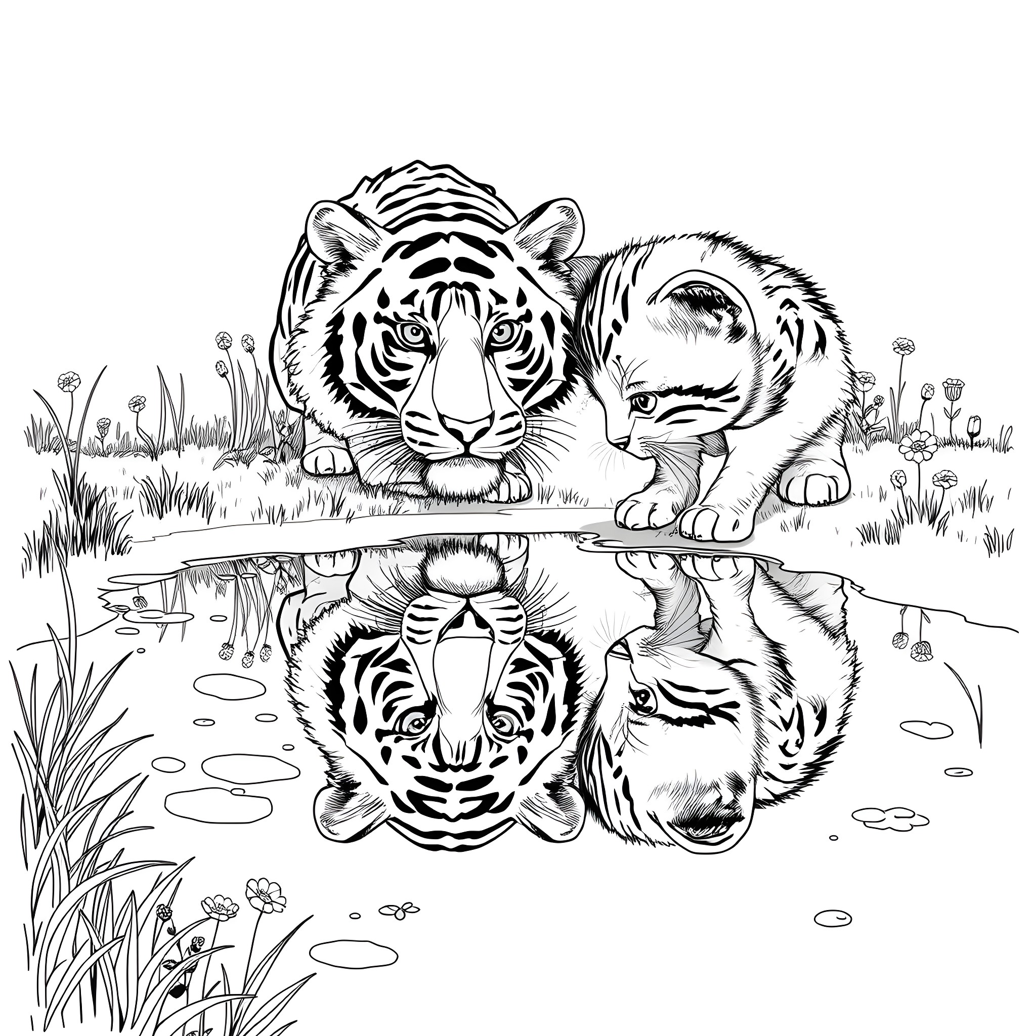 Kitten Tigers Gazing at Reflection in Pond Coloring Page (free black-and-white line drawing printable PDF for all, from beginners to advanced learners, including children, teens, adults, and seniors)