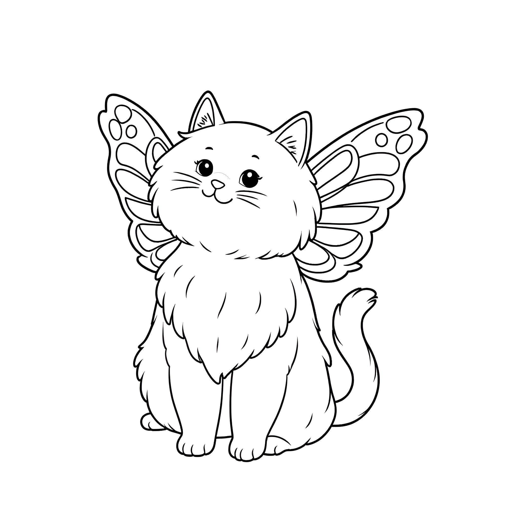 Cat with butterfly wings sitting cutely Coloring Page (free black-and-white line drawing printable PDF for all, from beginners to advanced learners, including children, teens, adults, and seniors)