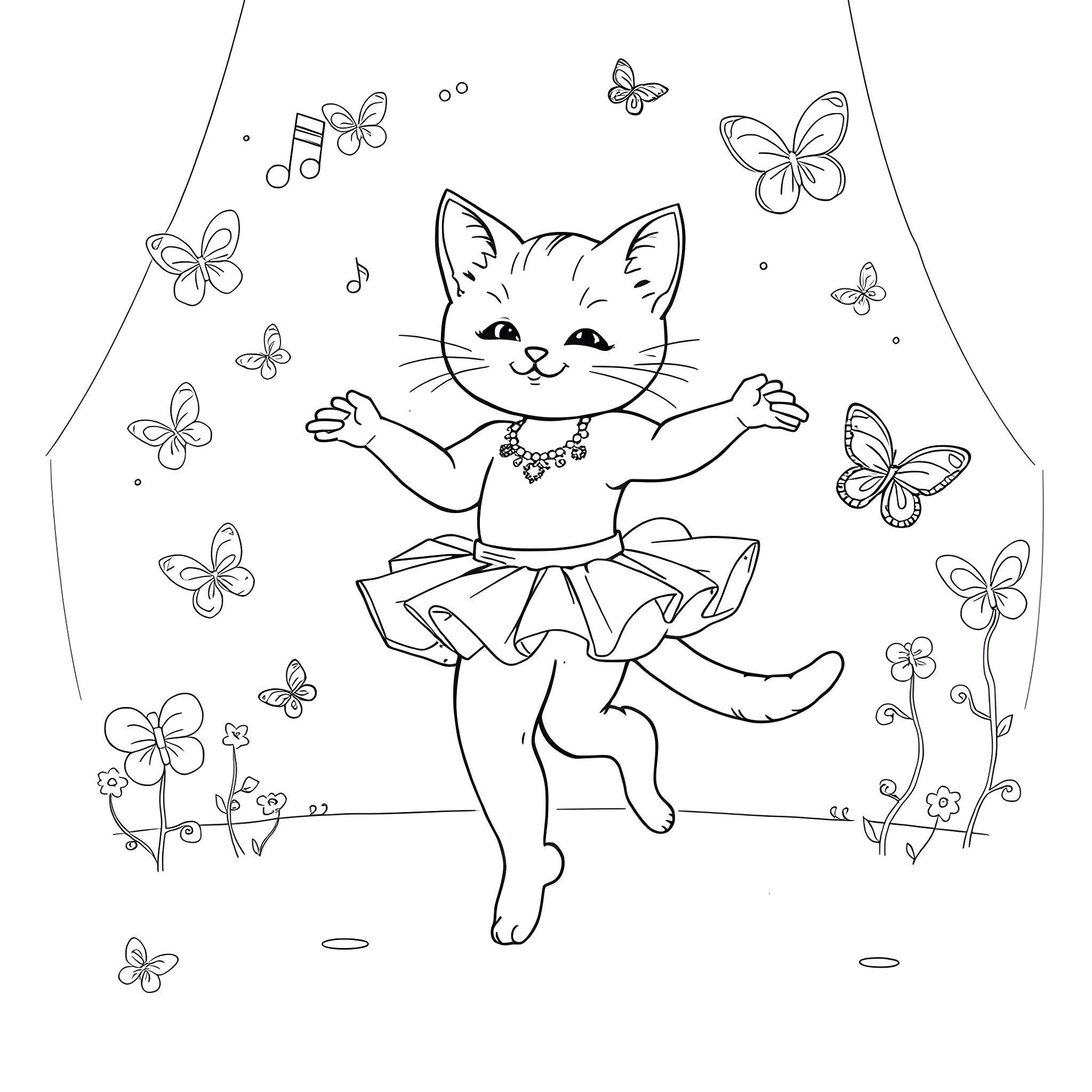 Kitty dancing joyfully among butterflies Coloring Page (free black-and-white line drawing printable PDF for all, from beginners to advanced learners, including children, teens, adults, and seniors)