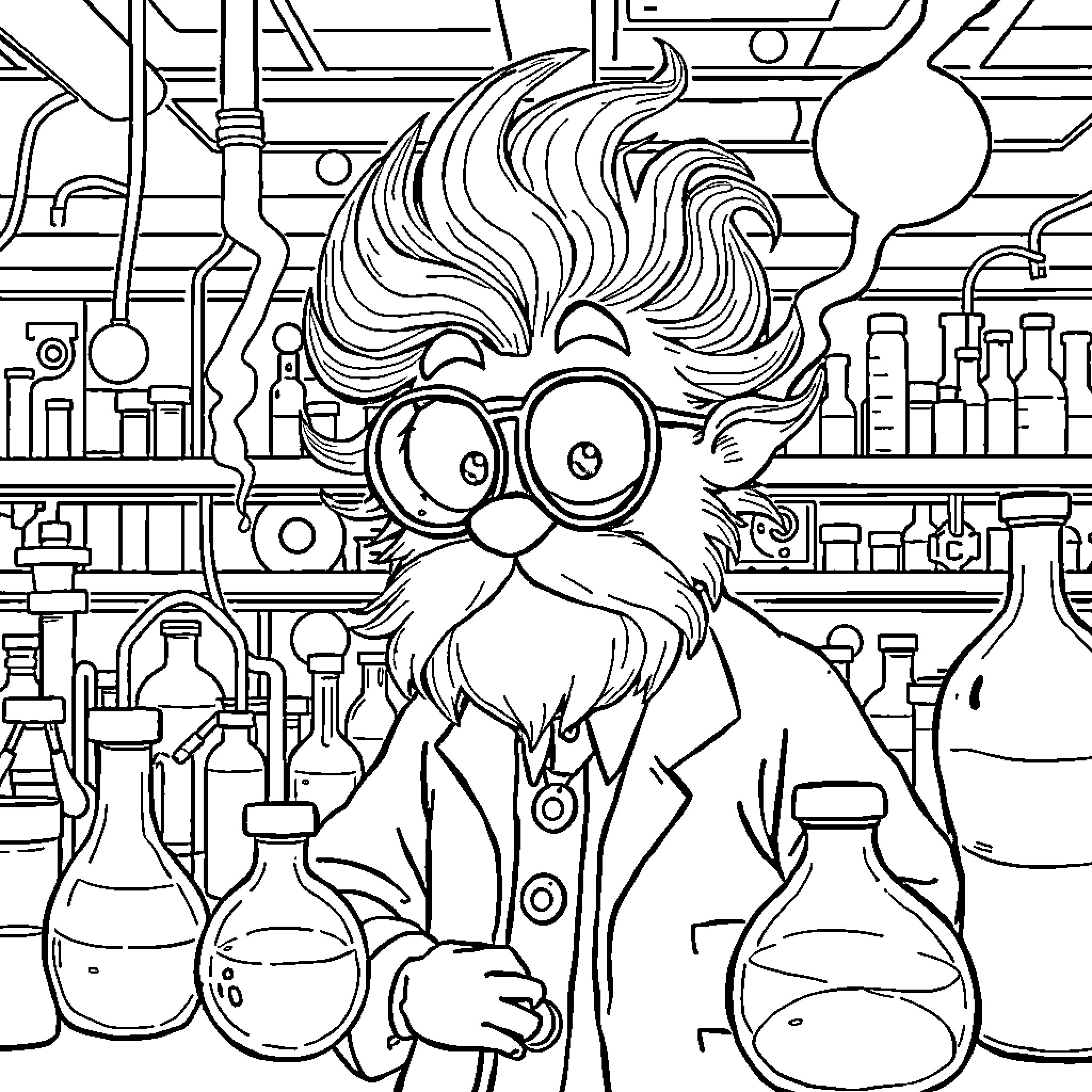 Scientist with Amusing Facial Expression in Laboratory Coloring Page (free black-and-white line drawing printable PDF for all, from beginners to advanced learners, including children, teens, adults, and seniors)