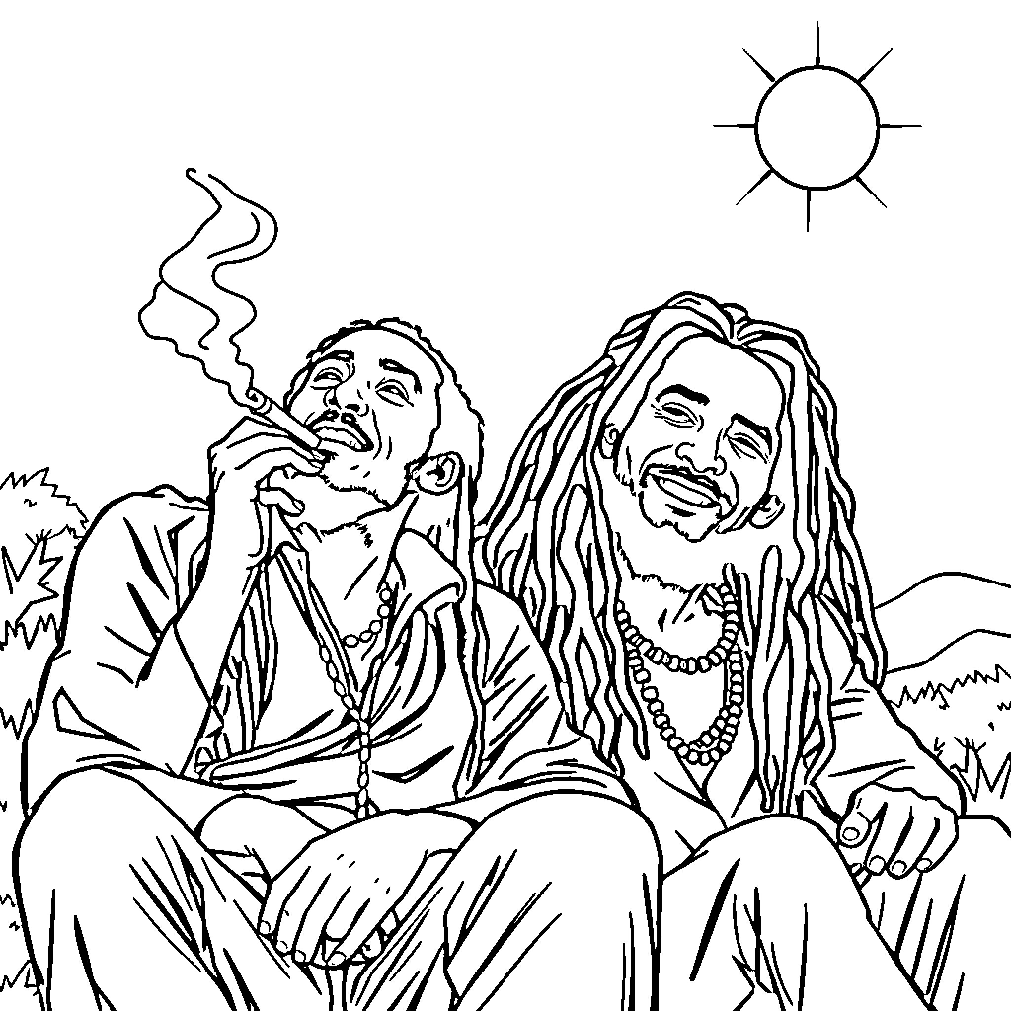Bob Marley and friend enjoying the outdoors Coloring Page (free black-and-white line drawing printable PDF for all, from beginners to advanced learners, including children, teens, adults, and seniors)