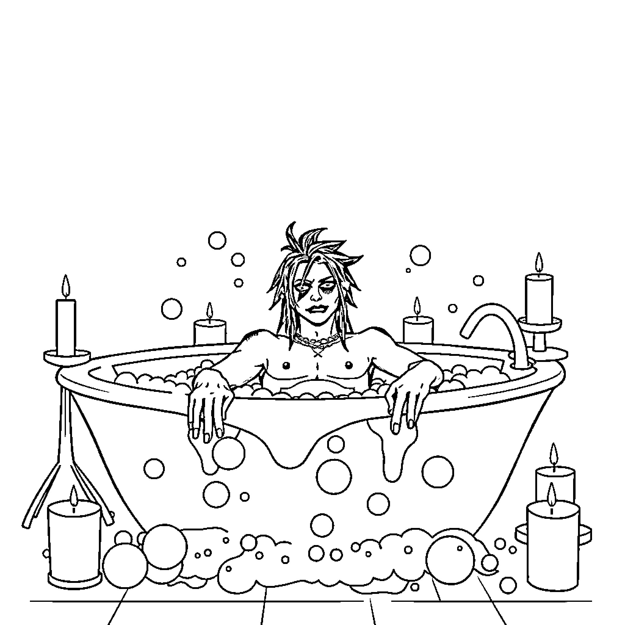 Slash Relaxing in Magical Bathtub Coloring Page (free black-and-white line drawing printable PDF for all, from beginners to advanced learners, including children, teens, adults, and seniors)