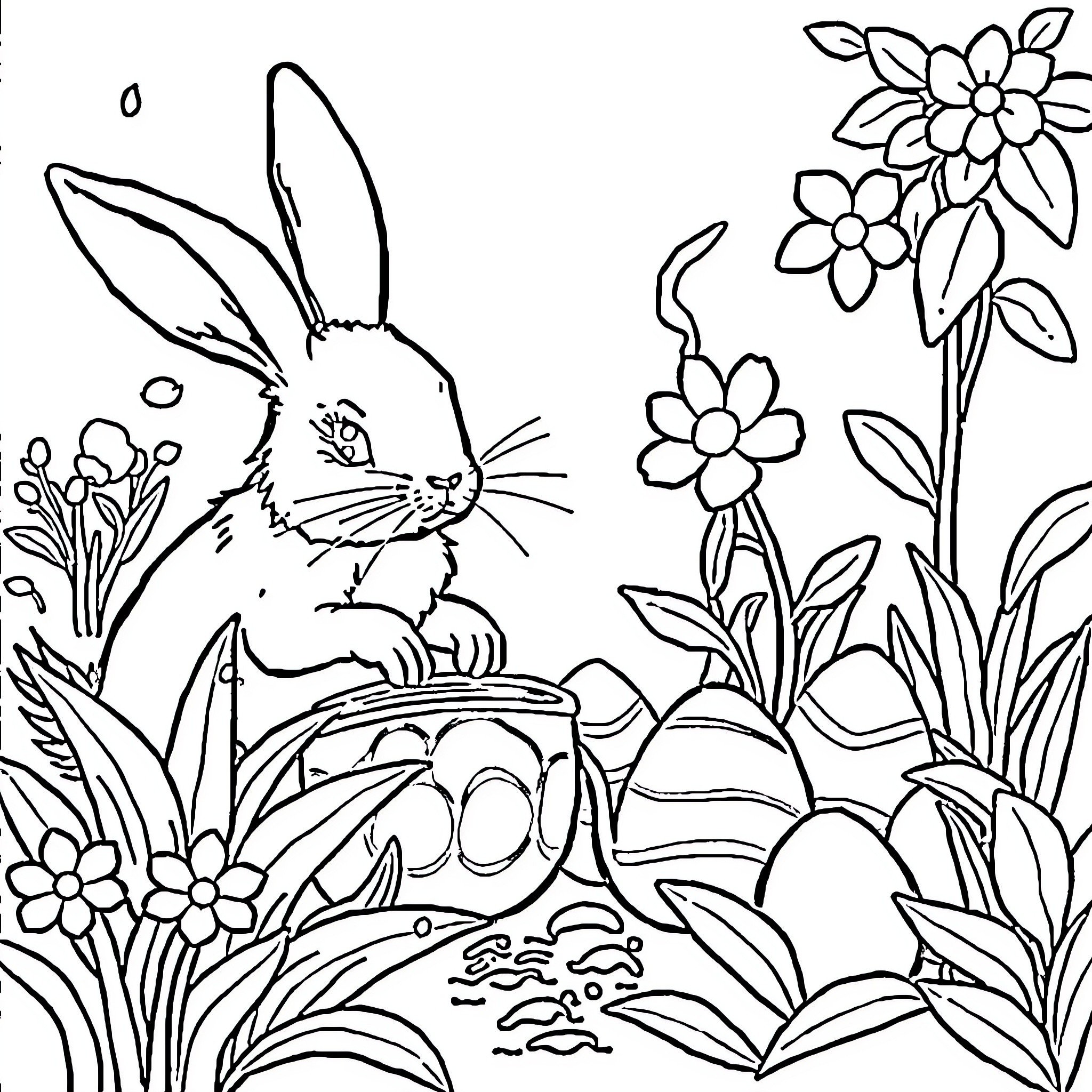 Rabbit exploring floral landscape with eggs Coloring Page (free black-and-white line drawing printable PDF for all, from beginners to advanced learners, including children, teens, adults, and seniors)