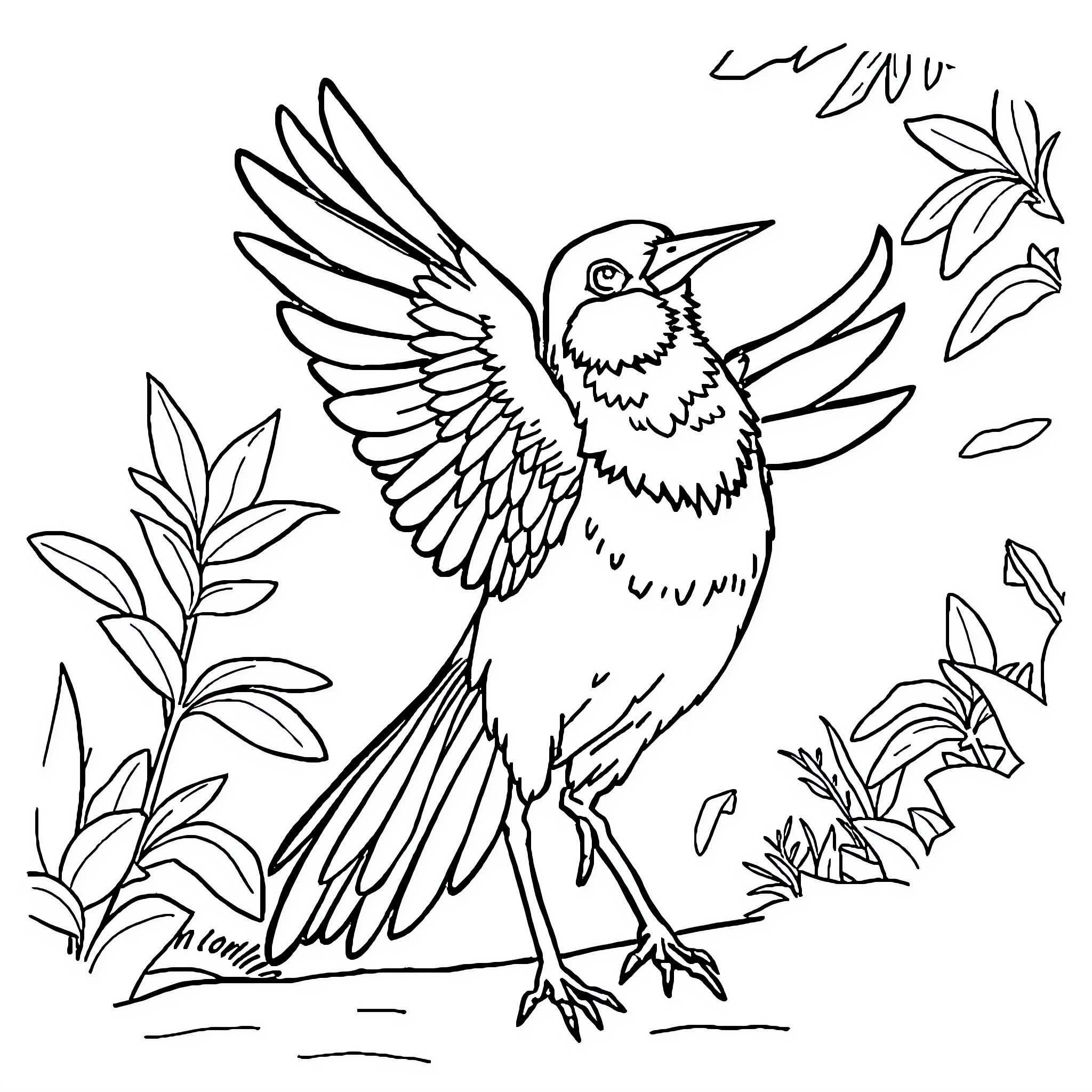 Oricorio dancing among the leaves Coloring Page (free black-and-white line drawing printable PDF for all, from beginners to advanced learners, including children, teens, adults, and seniors)
