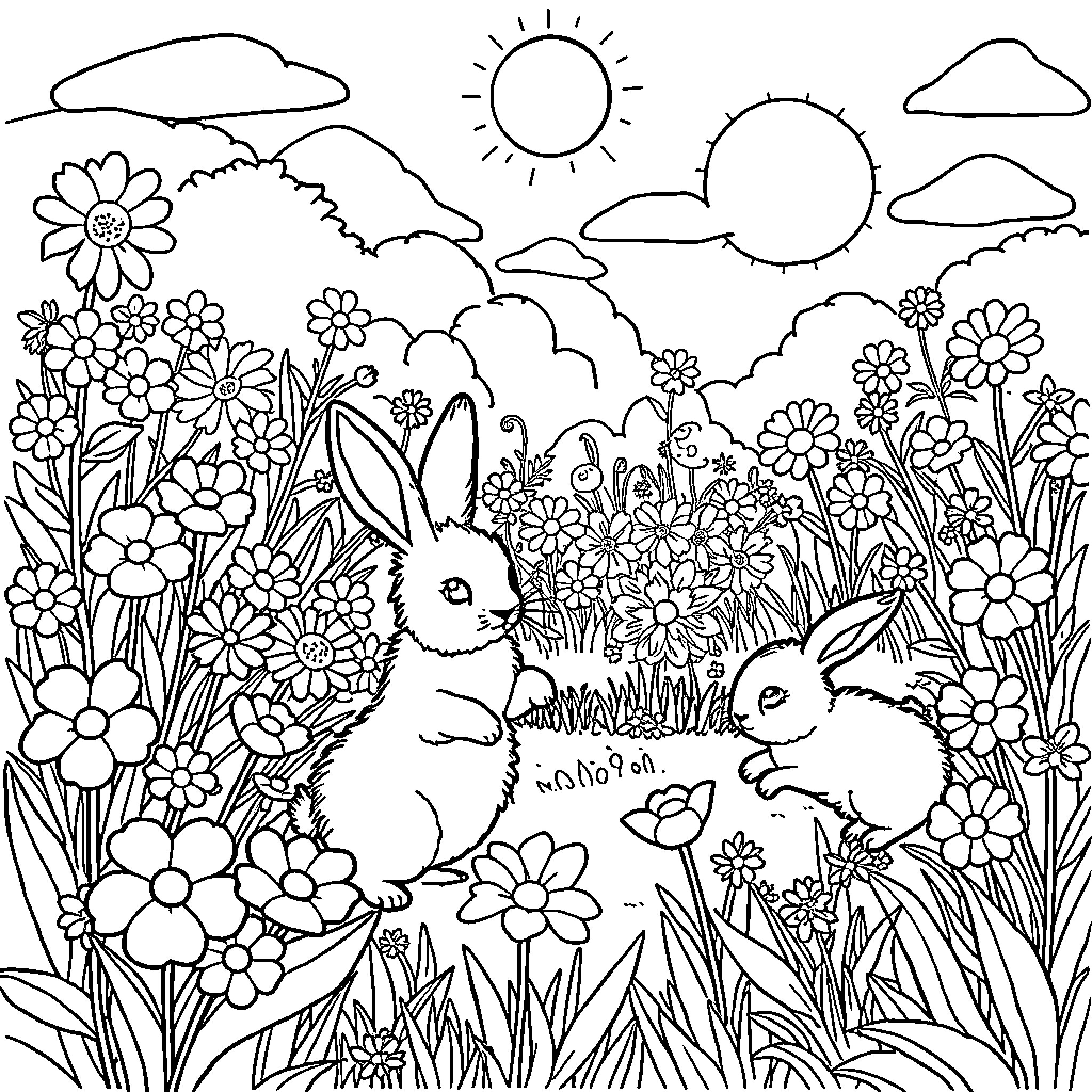 Rabbit in a Blooming Garden Scene Coloring Page (free black-and-white line drawing printable PDF for all, from beginners to advanced learners, including children, teens, adults, and seniors)