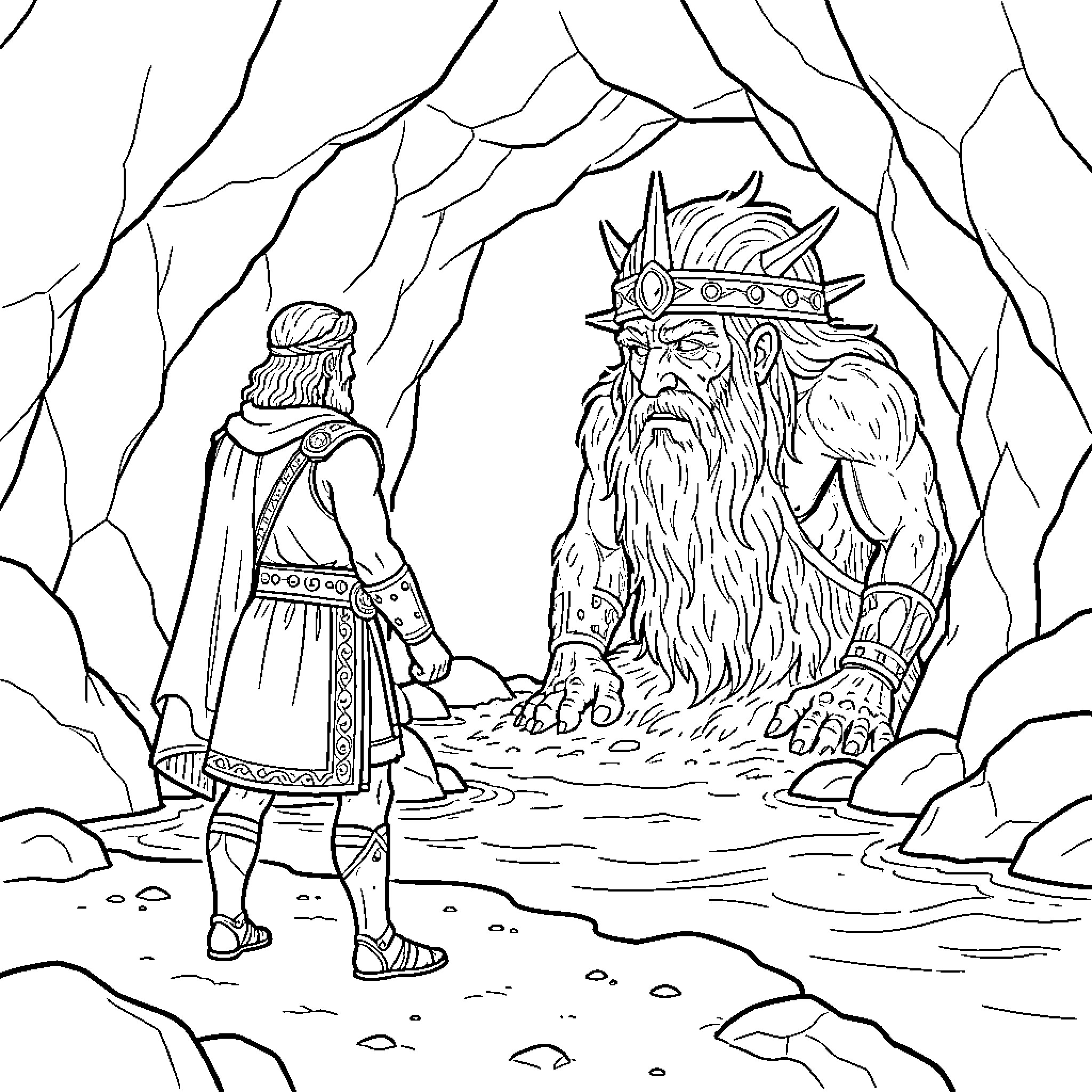 Odysseus confronting a giant mythical creature in a cave Coloring Page (free black-and-white line drawing printable PDF for all, from beginners to advanced learners, including children, teens, adults, and seniors)
