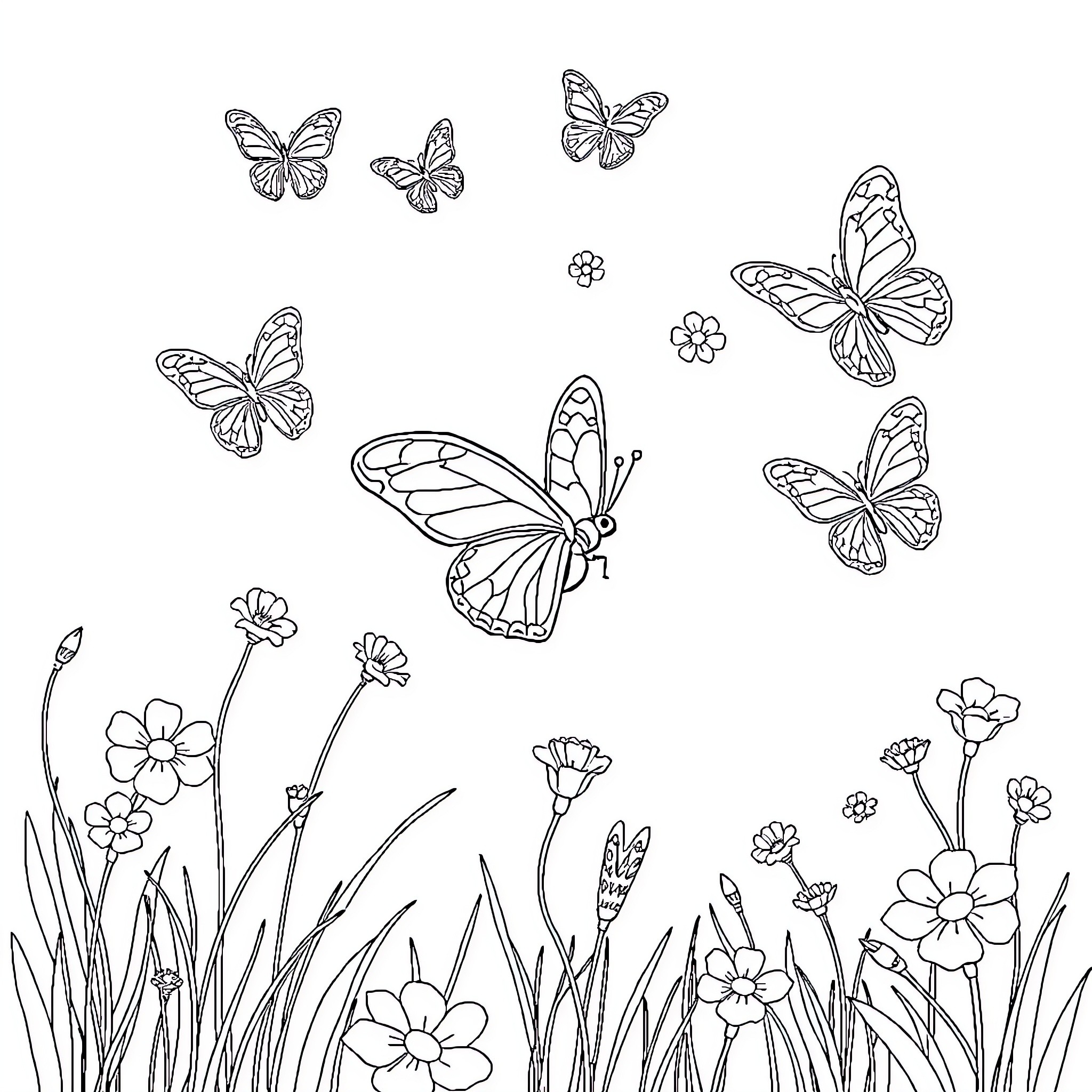 Butterfly themed coloring page with fluttering butterflies Coloring Page (free black-and-white line drawing printable PDF for all, from beginners to advanced learners, including children, teens, adults, and seniors)