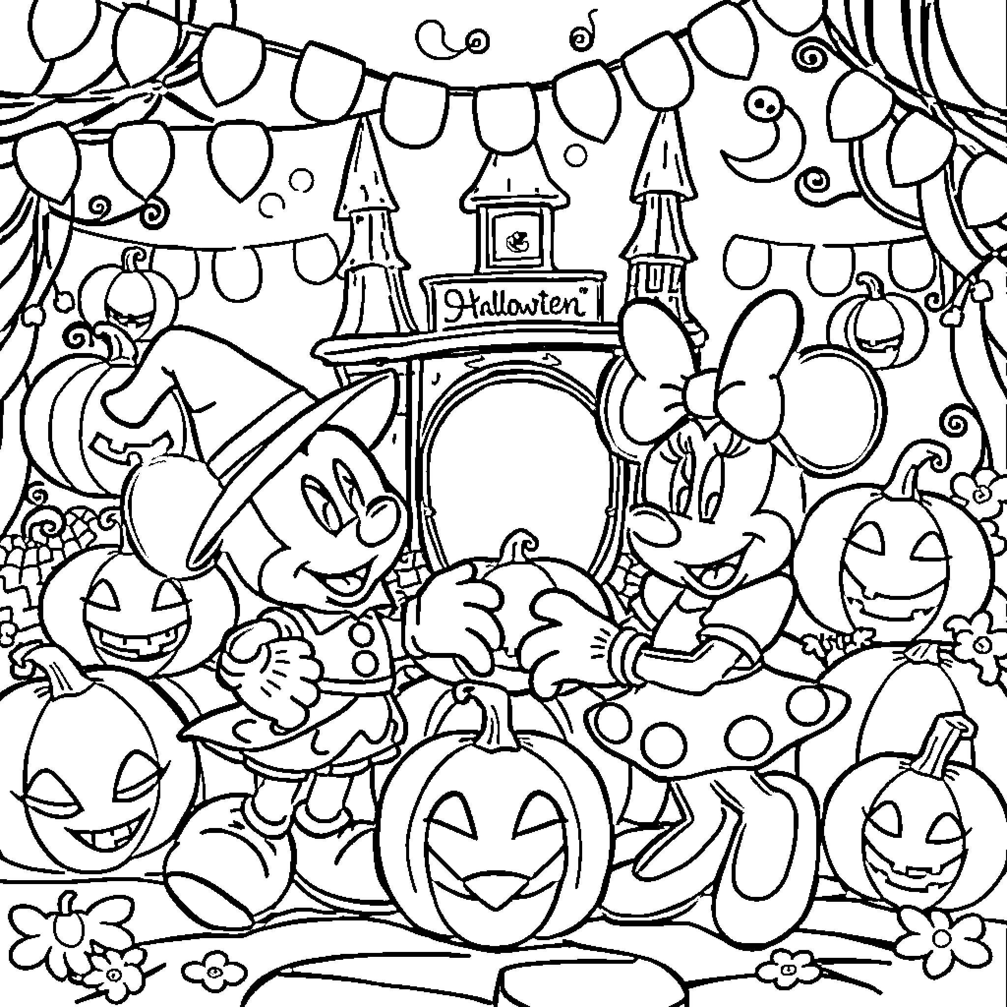 Disney Characters Celebrating Halloween Festively Coloring Page (free black-and-white line drawing printable PDF for all, from beginners to advanced learners, including children, teens, adults, and seniors)