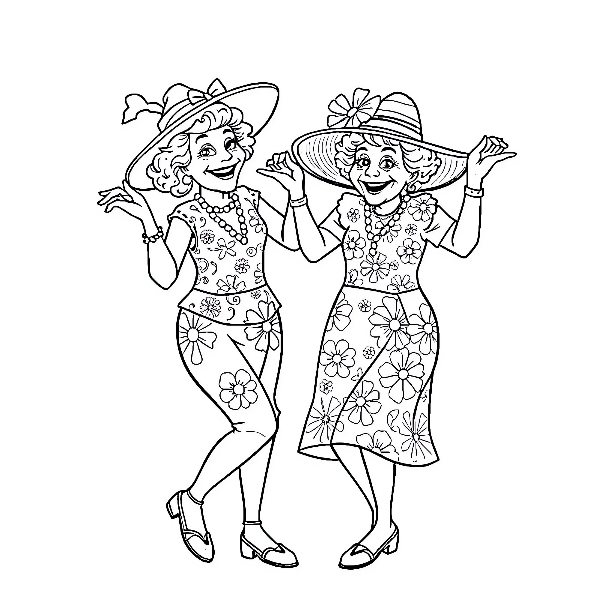 Bluey and friends happily dancing in floral summer dresses Coloring Page (free black-and-white line drawing printable PDF for all, from beginners to advanced learners, including children, teens, adults, and seniors)