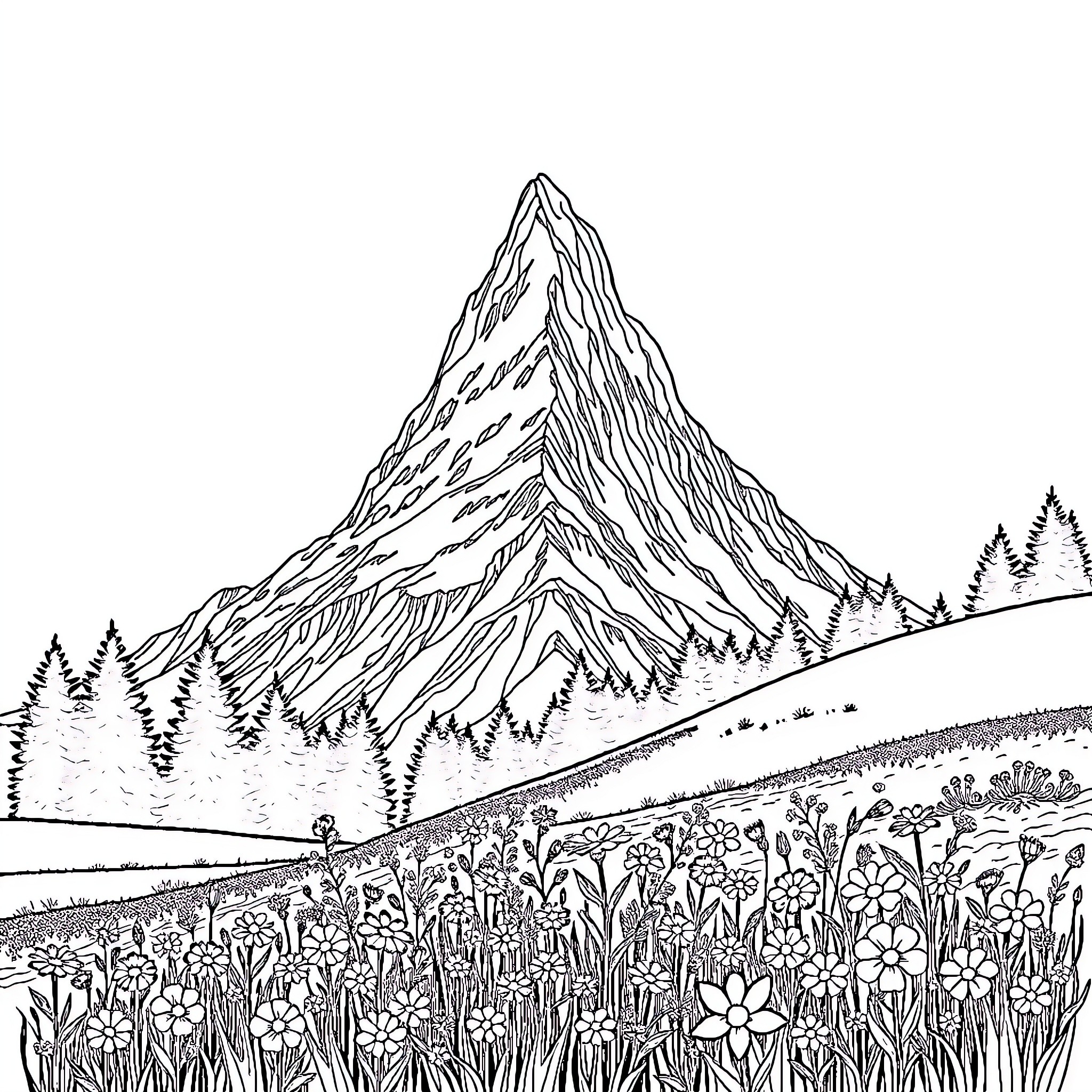 Mountain landscape with wilderness flora Coloring Page (free black-and-white line drawing printable PDF for all, from beginners to advanced learners, including children, teens, adults, and seniors)