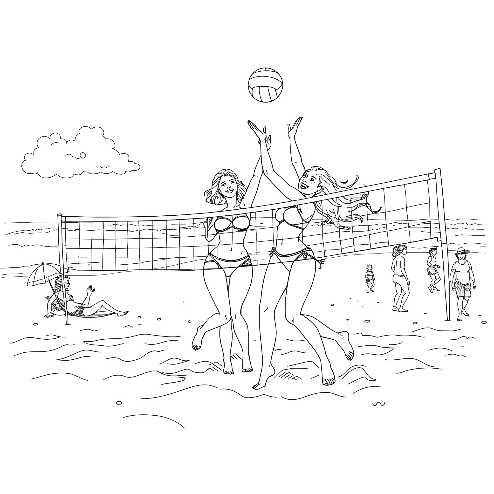 Lesbian volleyball players at the beach Coloring Page (free black-and-white line drawing printable PDF for all, from beginners to advanced learners, including children, teens, adults, and seniors)