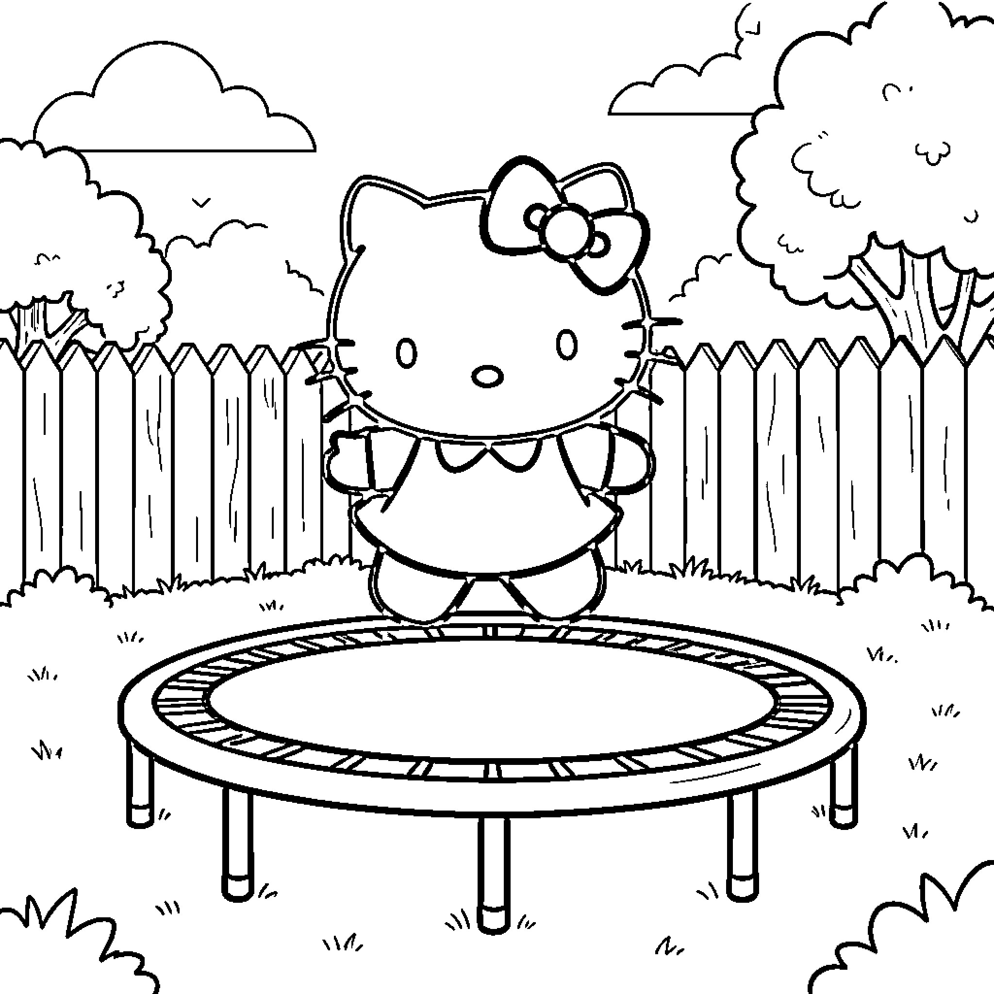 Hello Kitty jumping on trampoline in backyard Coloring Page (free black-and-white line drawing printable PDF for all, from beginners to advanced learners, including children, teens, adults, and seniors)