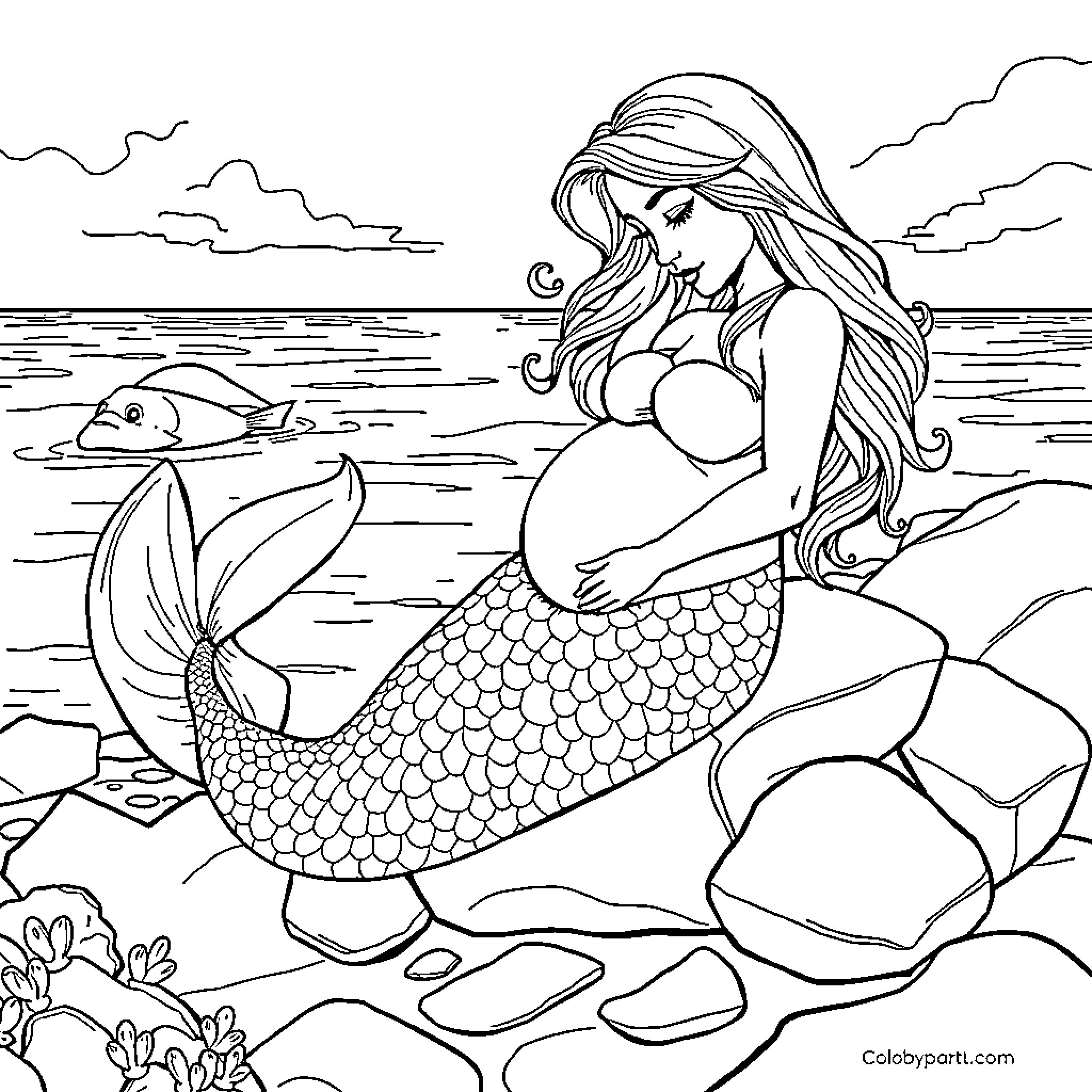 Mermaid expecting a baby at the seashore Coloring Page (free black-and-white line drawing printable PDF for all, from beginners to advanced learners, including children, teens, adults, and seniors)