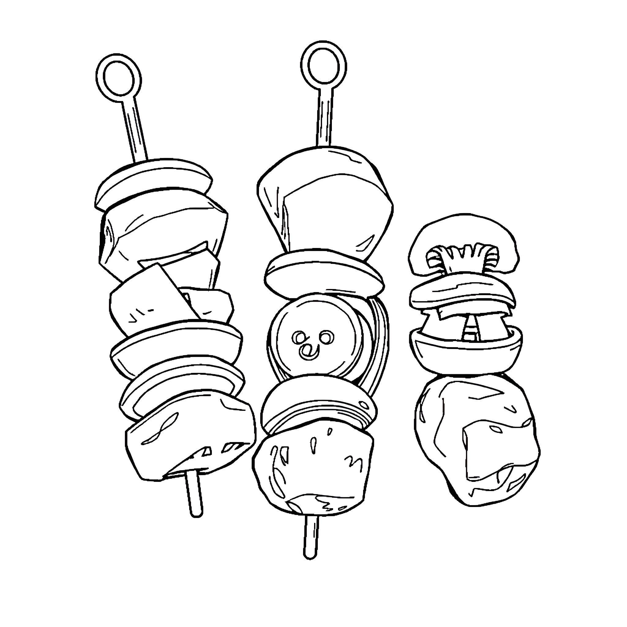 Man making whimsical kebab skewers Coloring Page (free black-and-white line drawing printable PDF for all, from beginners to advanced learners, including children, teens, adults, and seniors)