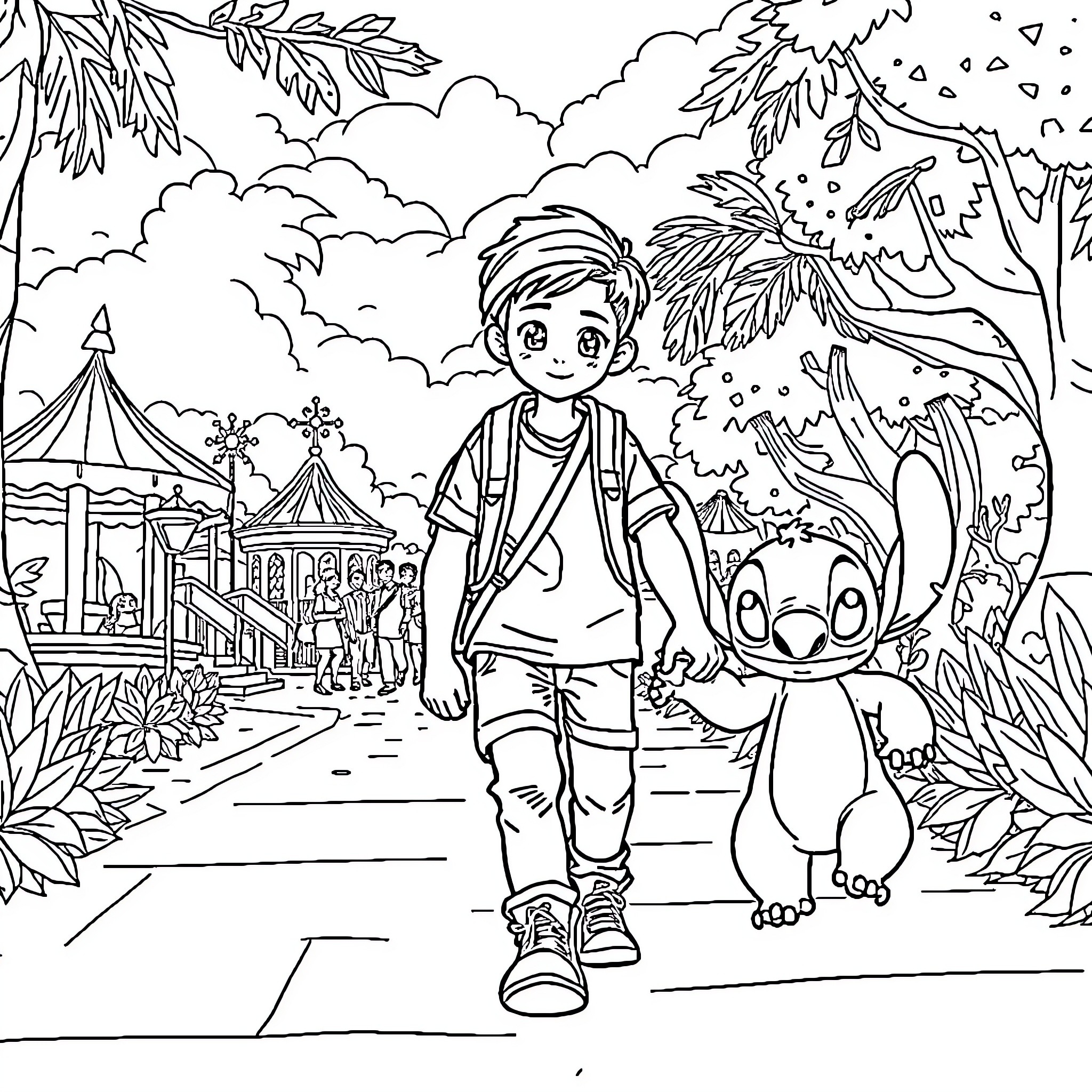 Teenager exploring the whimsical forest landscape Coloring Page (free black-and-white line drawing printable PDF for all, from beginners to advanced learners, including children, teens, adults, and seniors)