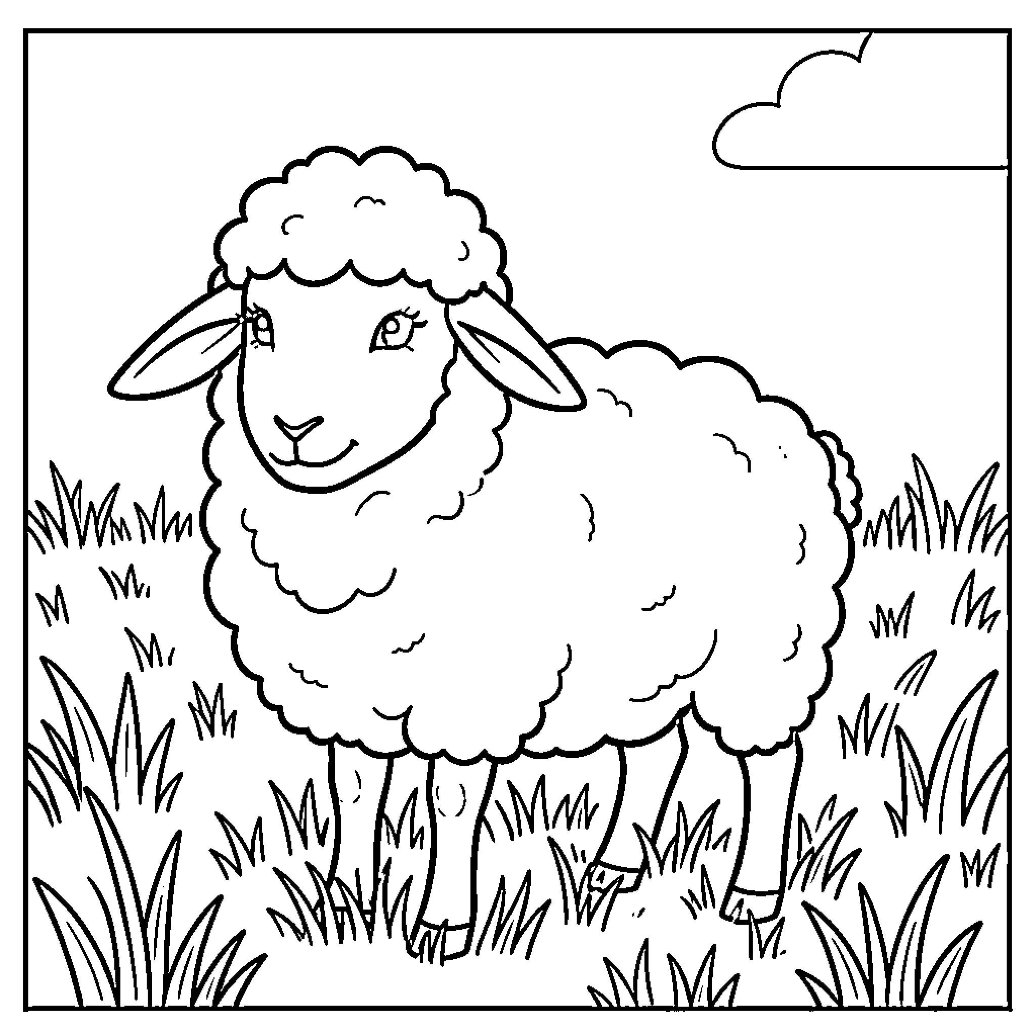 Sheep enjoying the grassy field Coloring Page (free black-and-white line drawing printable PDF for all, from beginners to advanced learners, including children, teens, adults, and seniors)