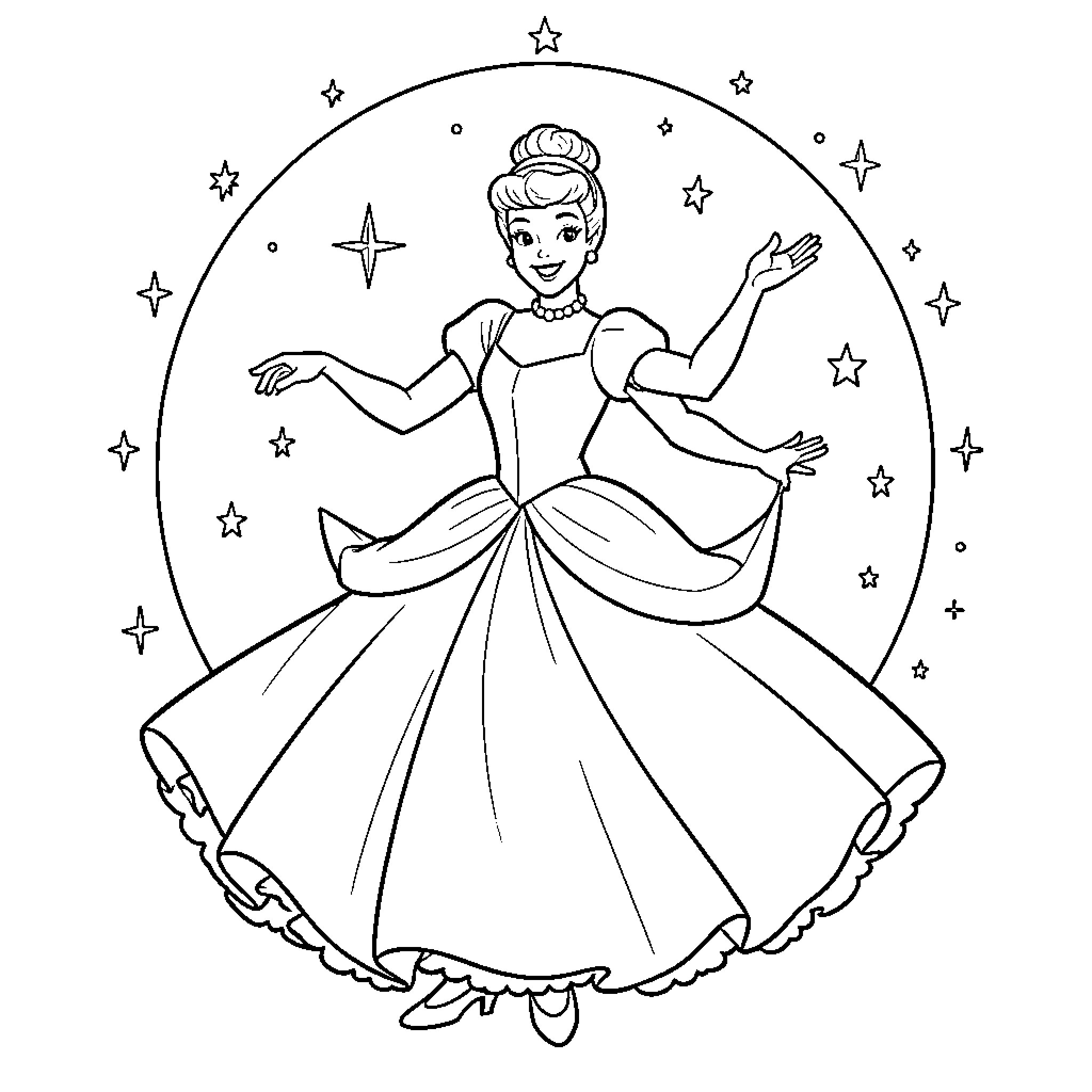 Cinderella dancing gracefully in a starry night Coloring Page (free black-and-white line drawing printable PDF for all, from beginners to advanced learners, including children, teens, adults, and seniors)