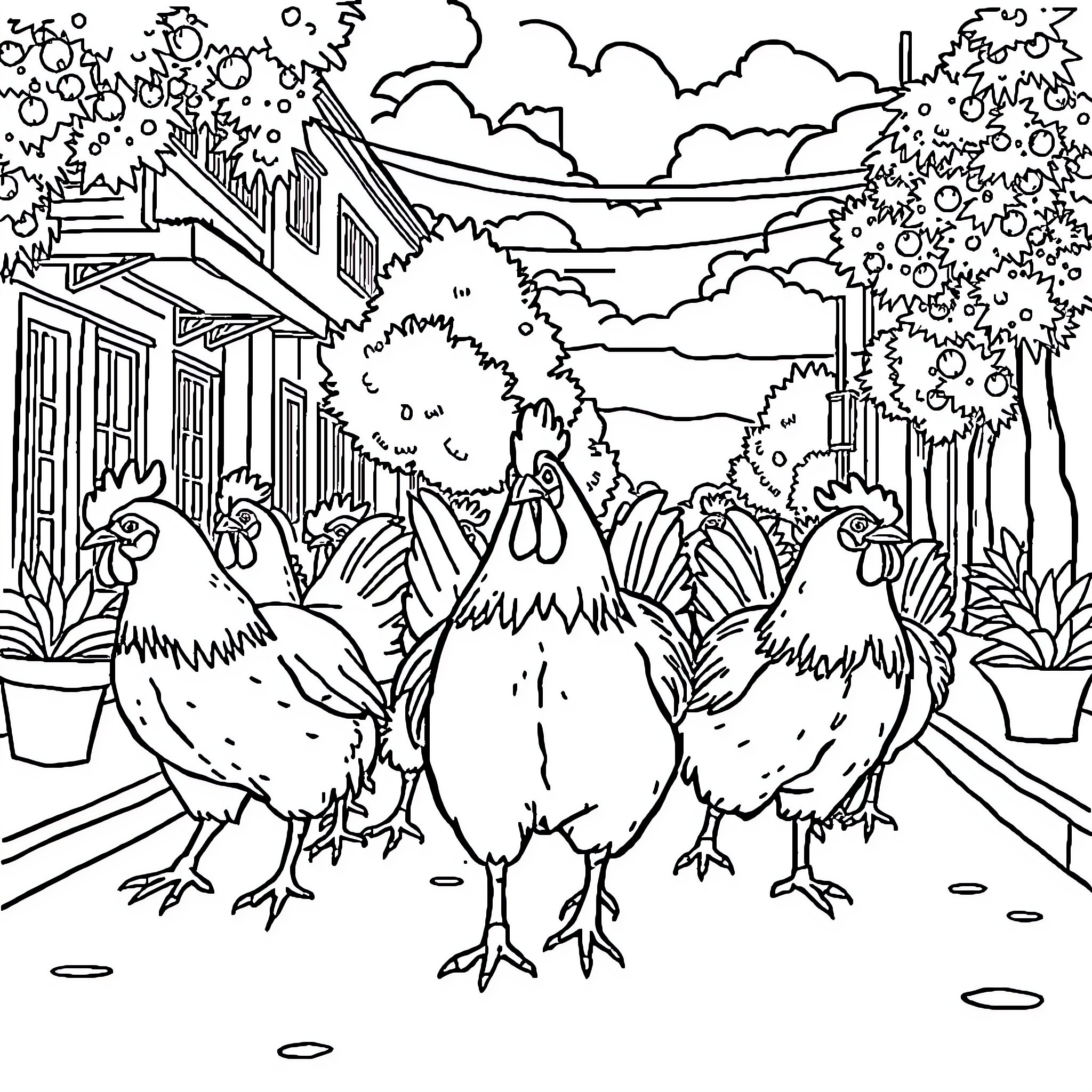 Chicken Gathering in Quaint Rural Town Coloring Page (free black-and-white line drawing printable PDF for all, from beginners to advanced learners, including children, teens, adults, and seniors)