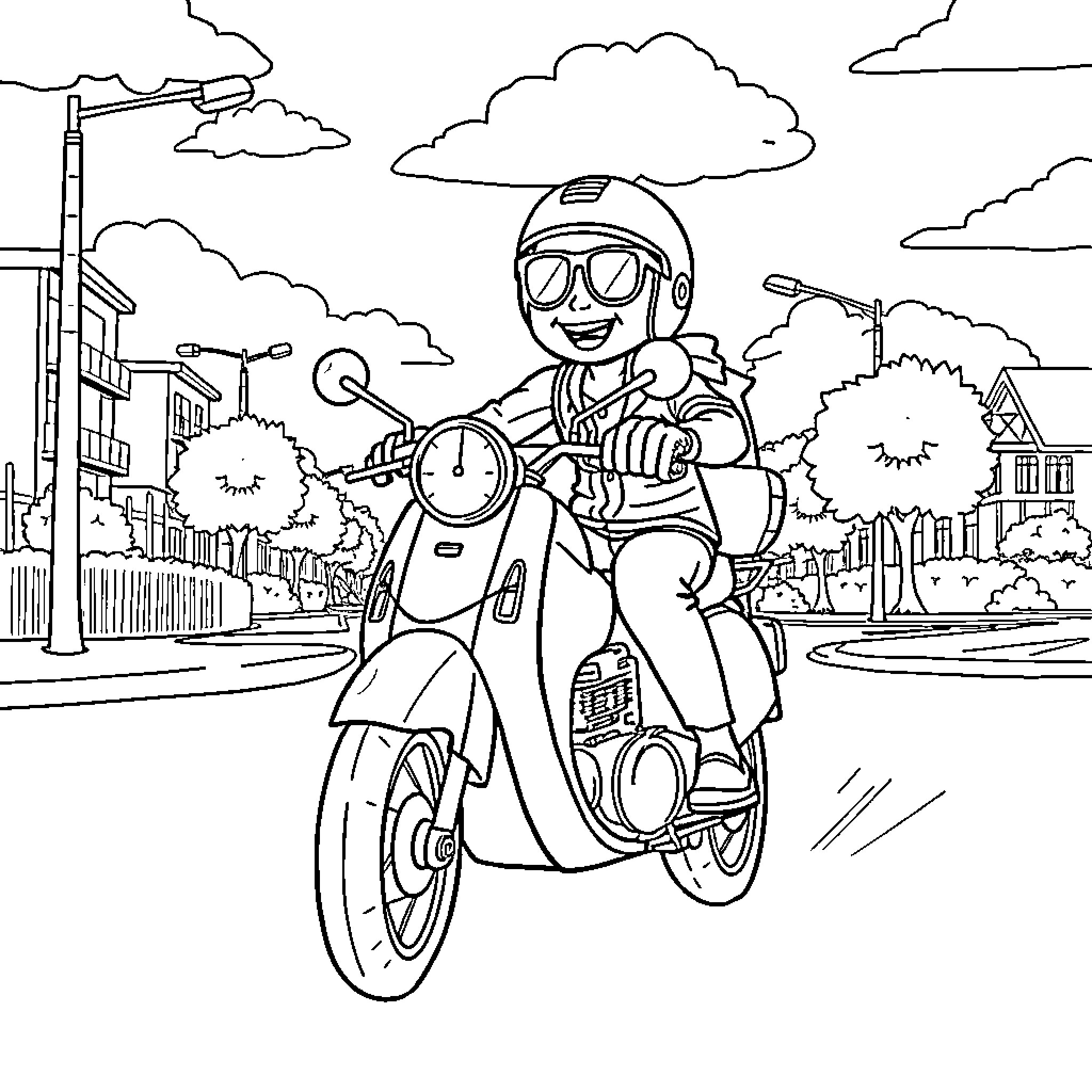 Bluey riding scooter on city street Coloring Page (free black-and-white line drawing printable PDF for all, from beginners to advanced learners, including children, teens, adults, and seniors)