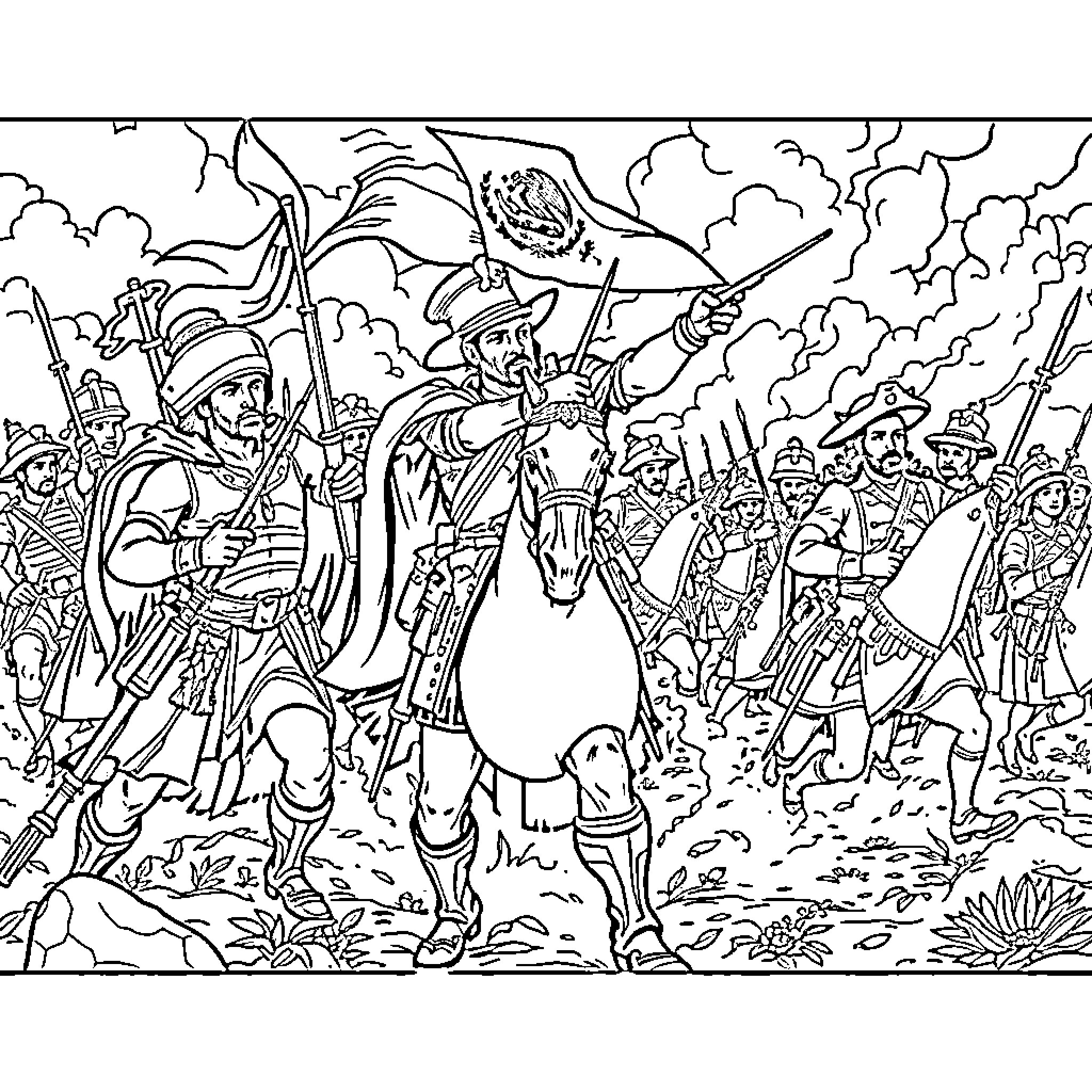 Mexican Independence: Soldiers Marching into Battle Coloring Page (free black-and-white line drawing printable PDF for all, from beginners to advanced learners, including children, teens, adults, and seniors)