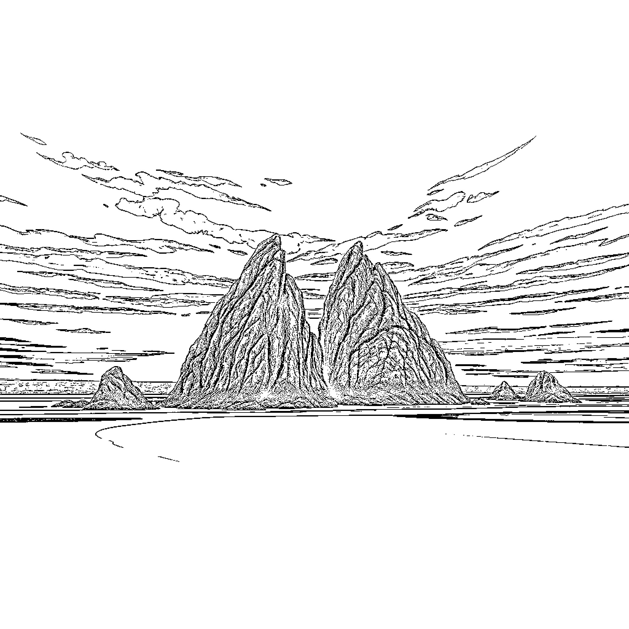 Twin Rocks overlooking the serene ocean landscape Coloring Page (free black-and-white line drawing printable PDF for all, from beginners to advanced learners, including children, teens, adults, and seniors)