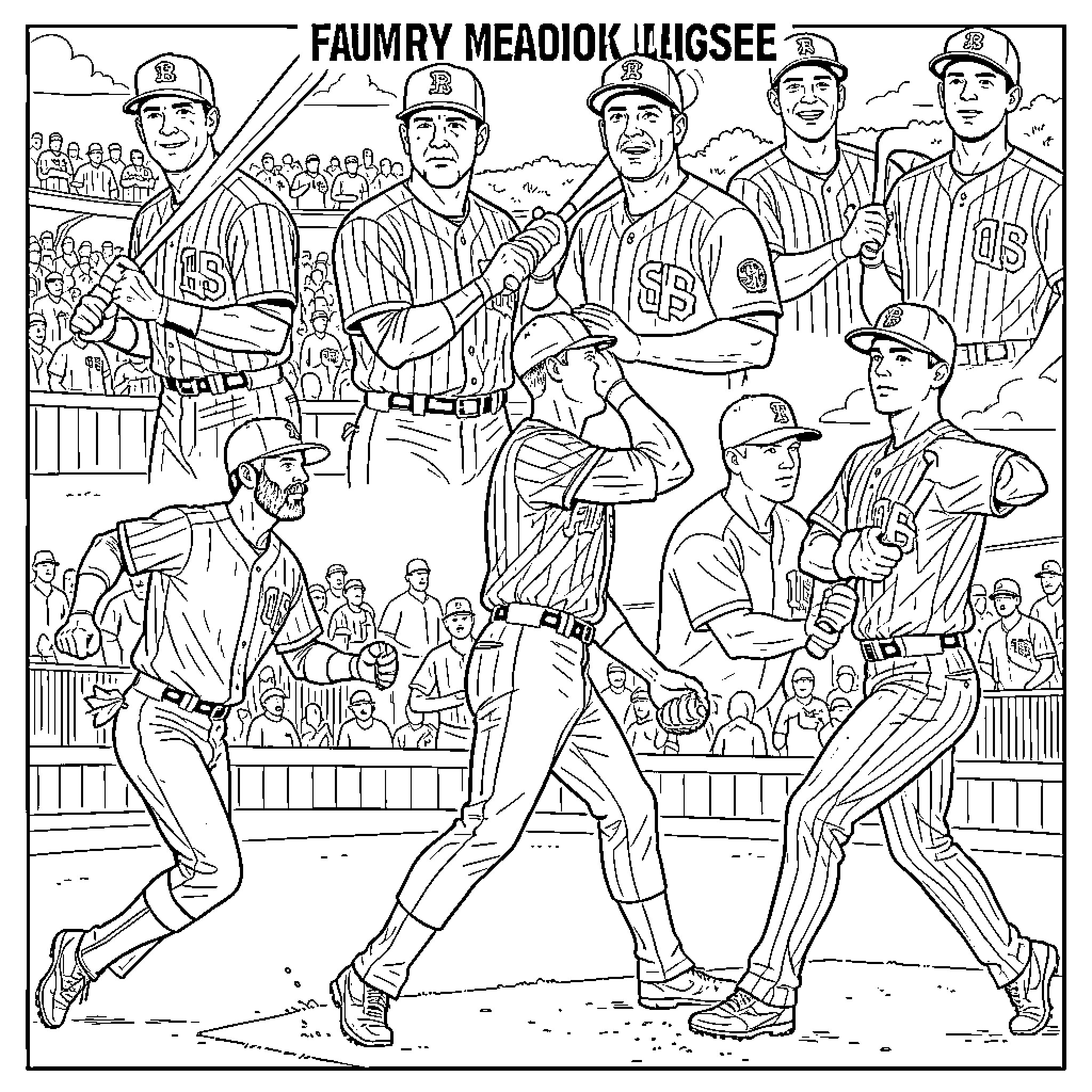 Baseball Players in Action on the Field Coloring Page (free black-and-white line drawing printable PDF for all, from beginners to advanced learners, including children, teens, adults, and seniors)