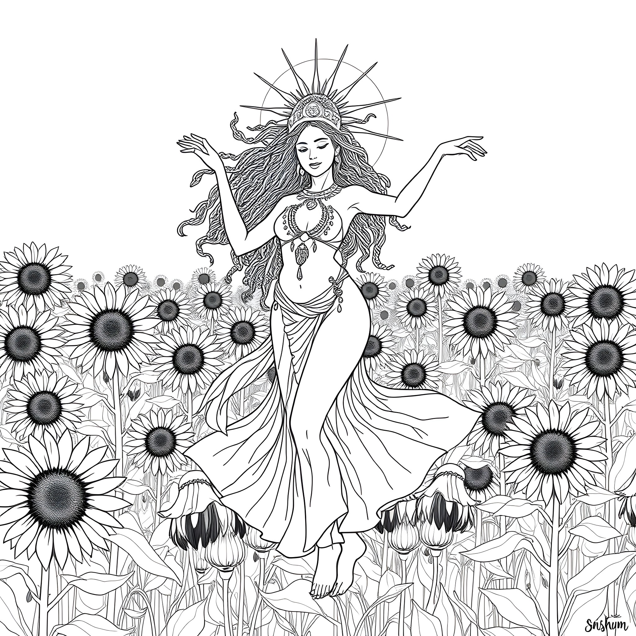 Oshun, Goddess of Love and Beauty, Surrounded by Sunflowers Coloring Page (free black-and-white line drawing printable PDF for all, from beginners to advanced learners, including children, teens, adults, and seniors)