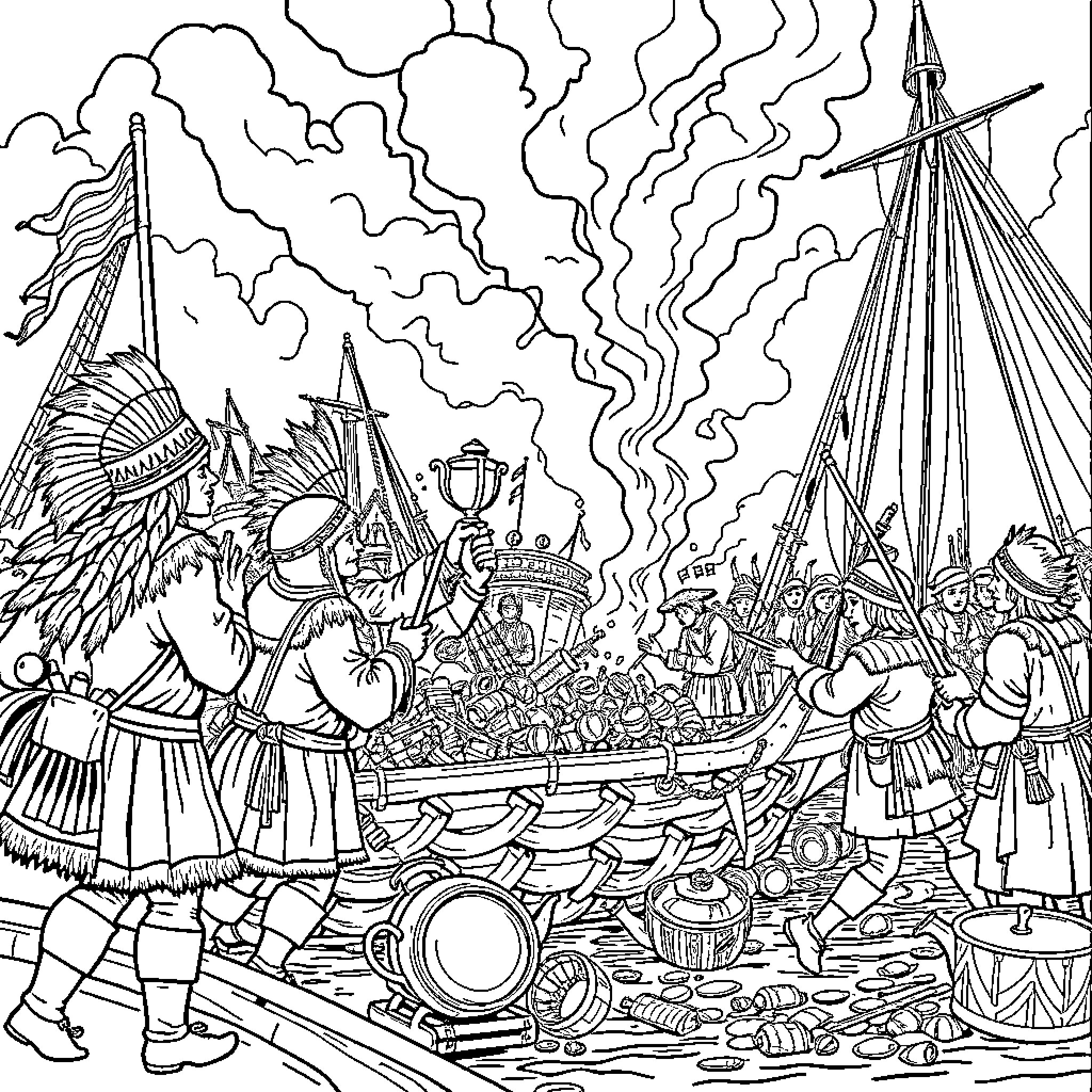 Boston Tea Party: Turbulent Protest and Defiant Action Coloring Page (free black-and-white line drawing printable PDF for all, from beginners to advanced learners, including children, teens, adults, and seniors)