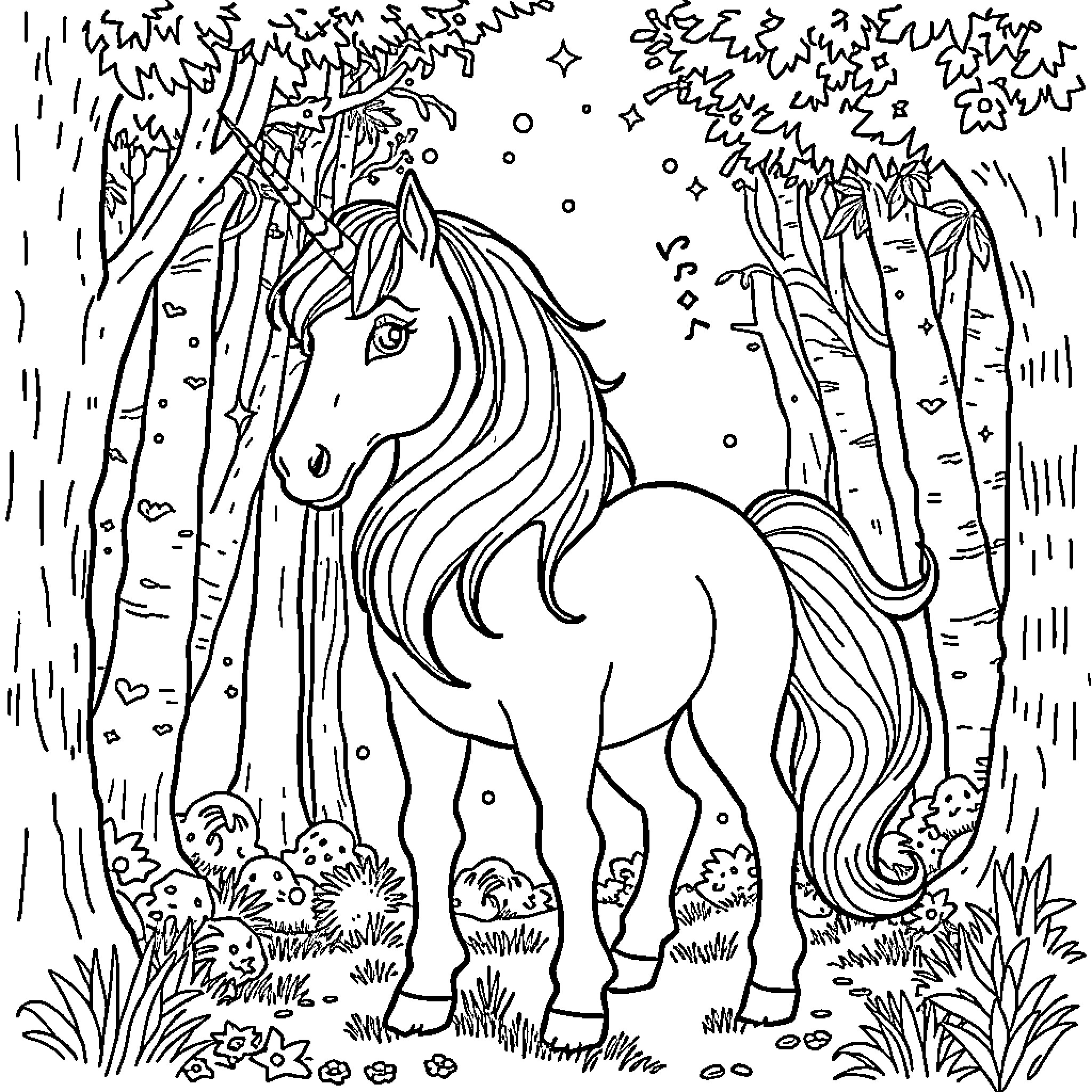 Unicorn in a Magical Forest Landscape Coloring Page (free black-and-white line drawing printable PDF for all, from beginners to advanced learners, including children, teens, adults, and seniors)