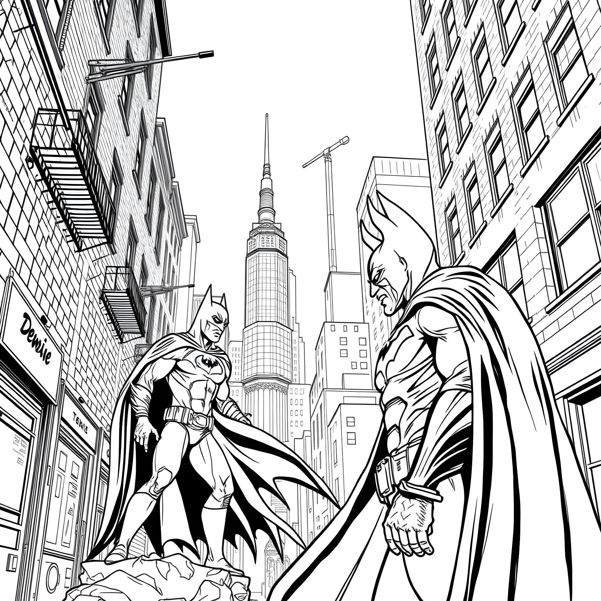 Batman in heroic action in the city skyline Coloring Page (free black-and-white line drawing printable PDF for all, from beginners to advanced learners, including children, teens, adults, and seniors)