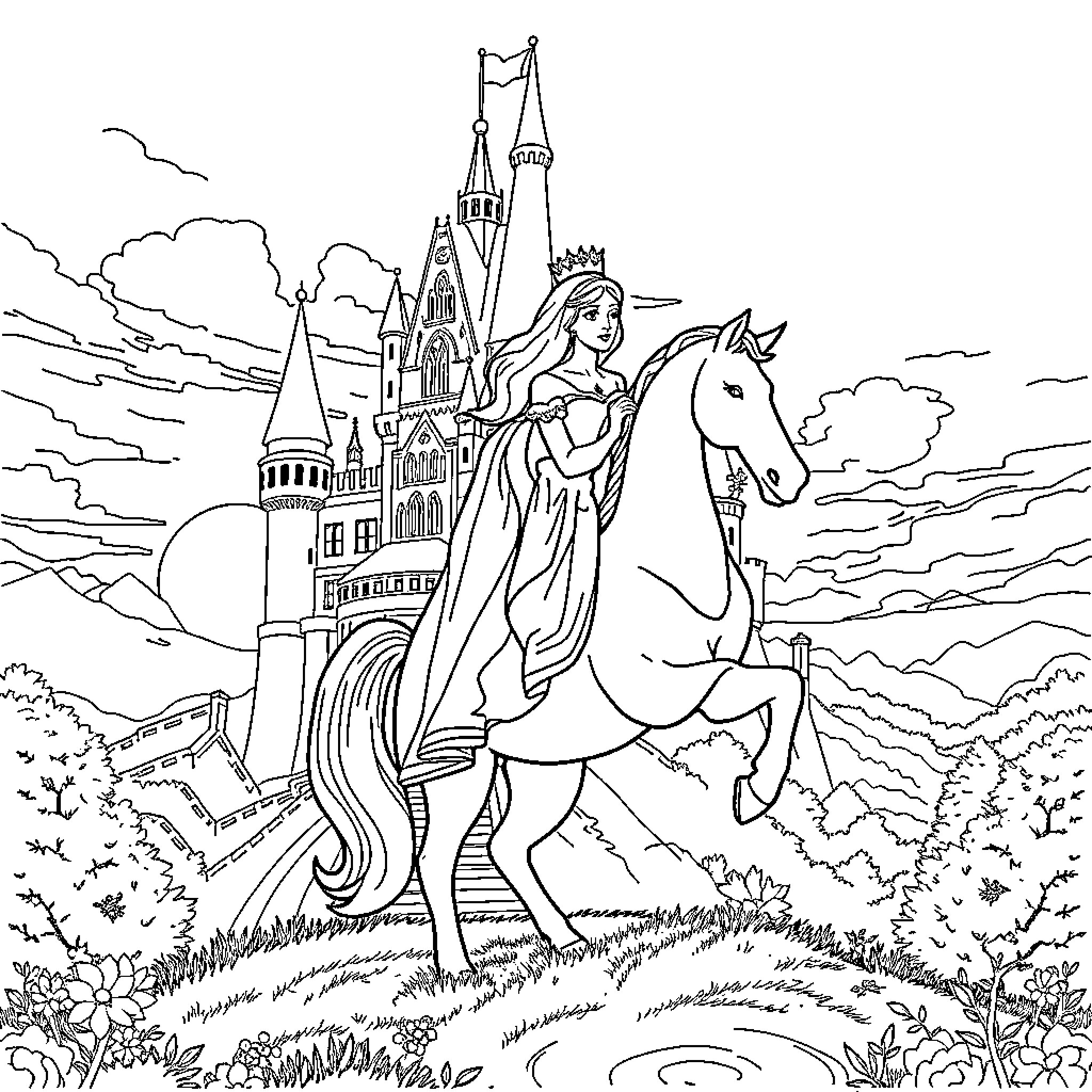 Princess riding a horse towards a castle Coloring Page (free black-and-white line drawing printable PDF for all, from beginners to advanced learners, including children, teens, adults, and seniors)